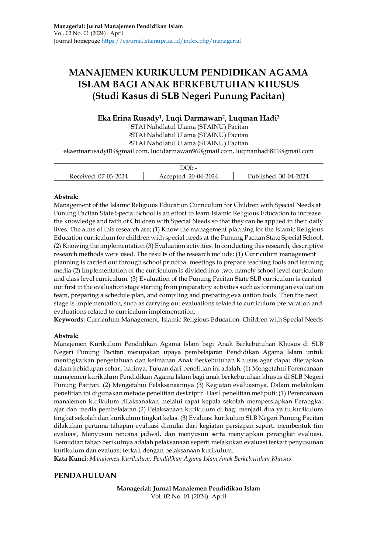 JURIS Manajemen Kurikulum Pendidikan Agama Islam Bagi Anak Berkebutuhan Khusus Studi Kasus di SLB Negeri Punung Pacitan