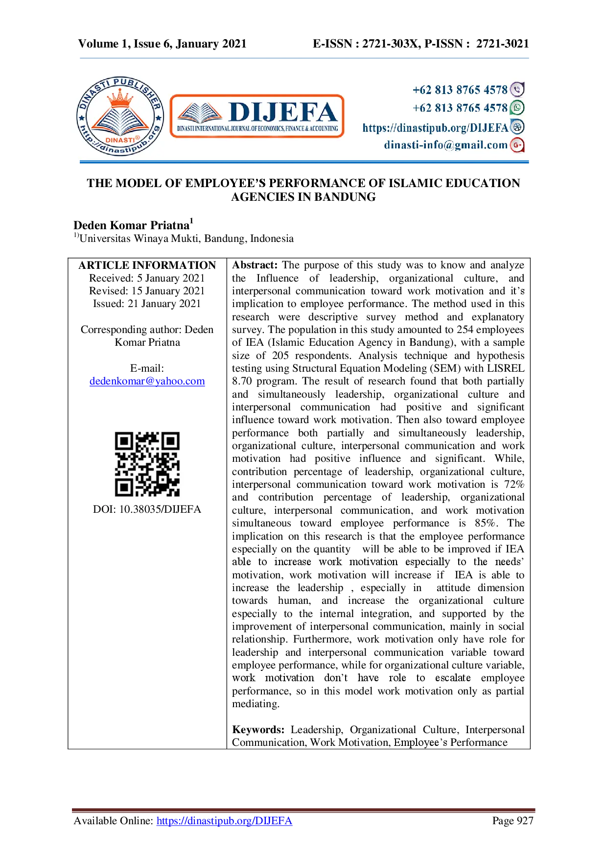 juris The Model Of Employee s Performance Of Islamic Education Agencies In Bandung