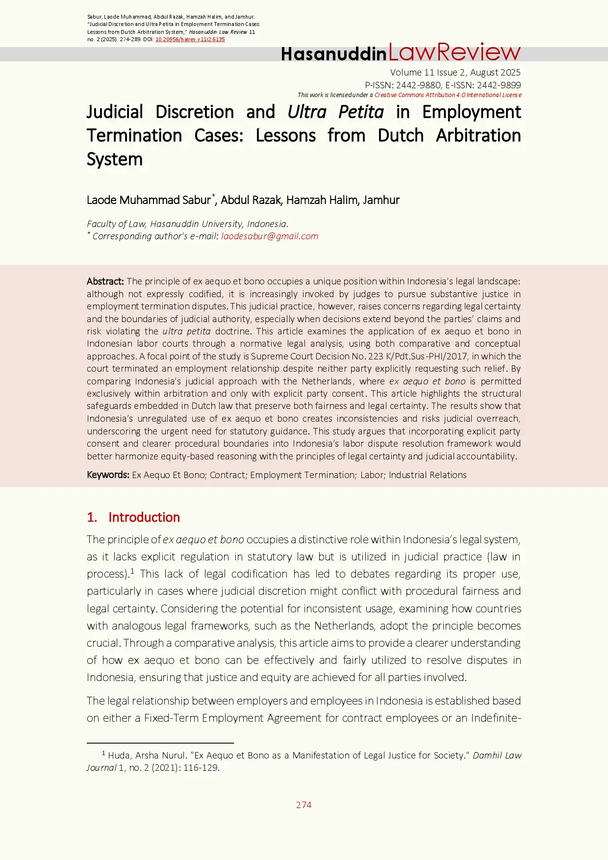 juris Penyikapan Keputusan Pengadilan dan Prinsip Ultra Petita dalam Kasus Pemutusan Hubungan Kerja Pelajaran dari Sistem Arbitrase Belanda