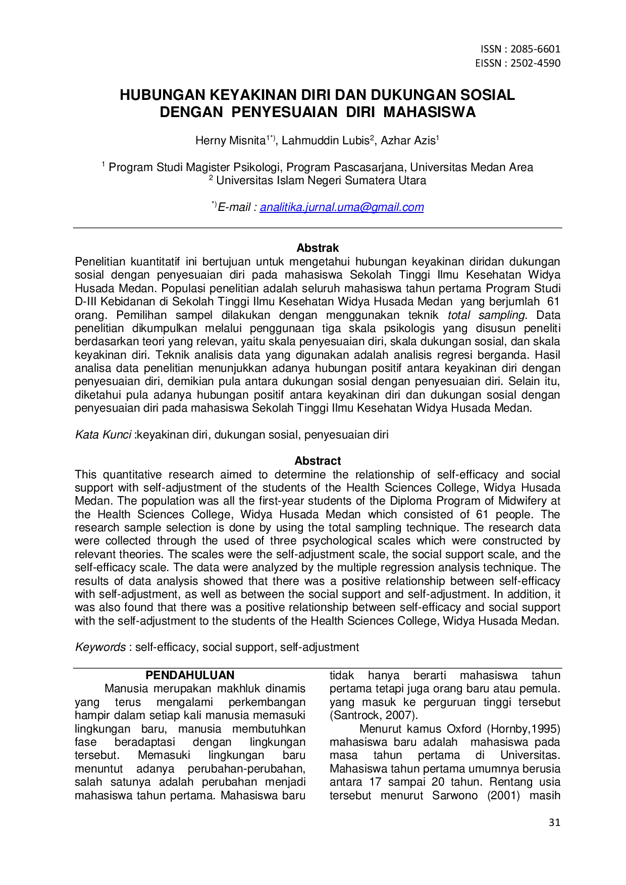 JURIS Hubungan Keyakinan Diri Dan Dukungan Sosial Dengan Penyesuaian Diri Mahasiswa