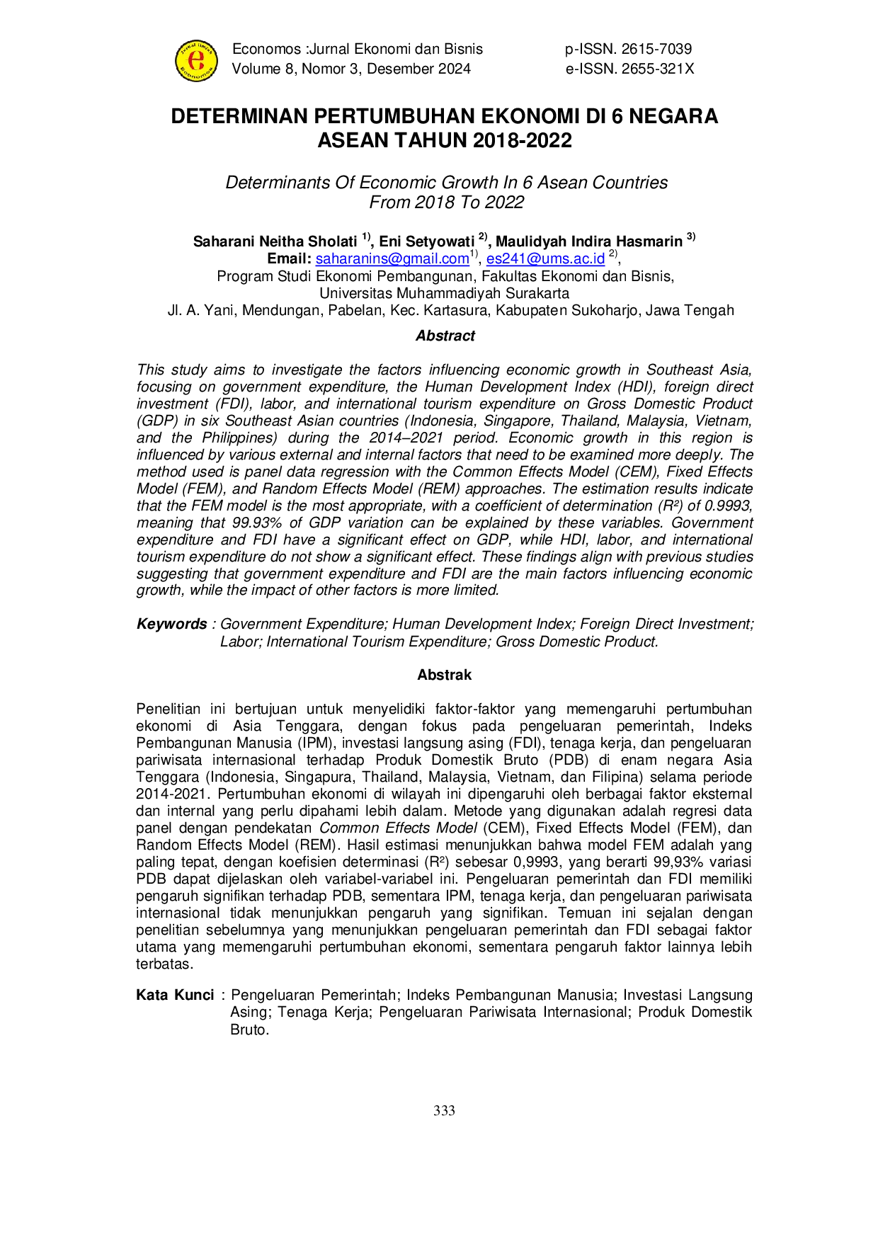 JURIS Determinants Of Economic Growth In 6 Asean Countries From 2018 To 2022