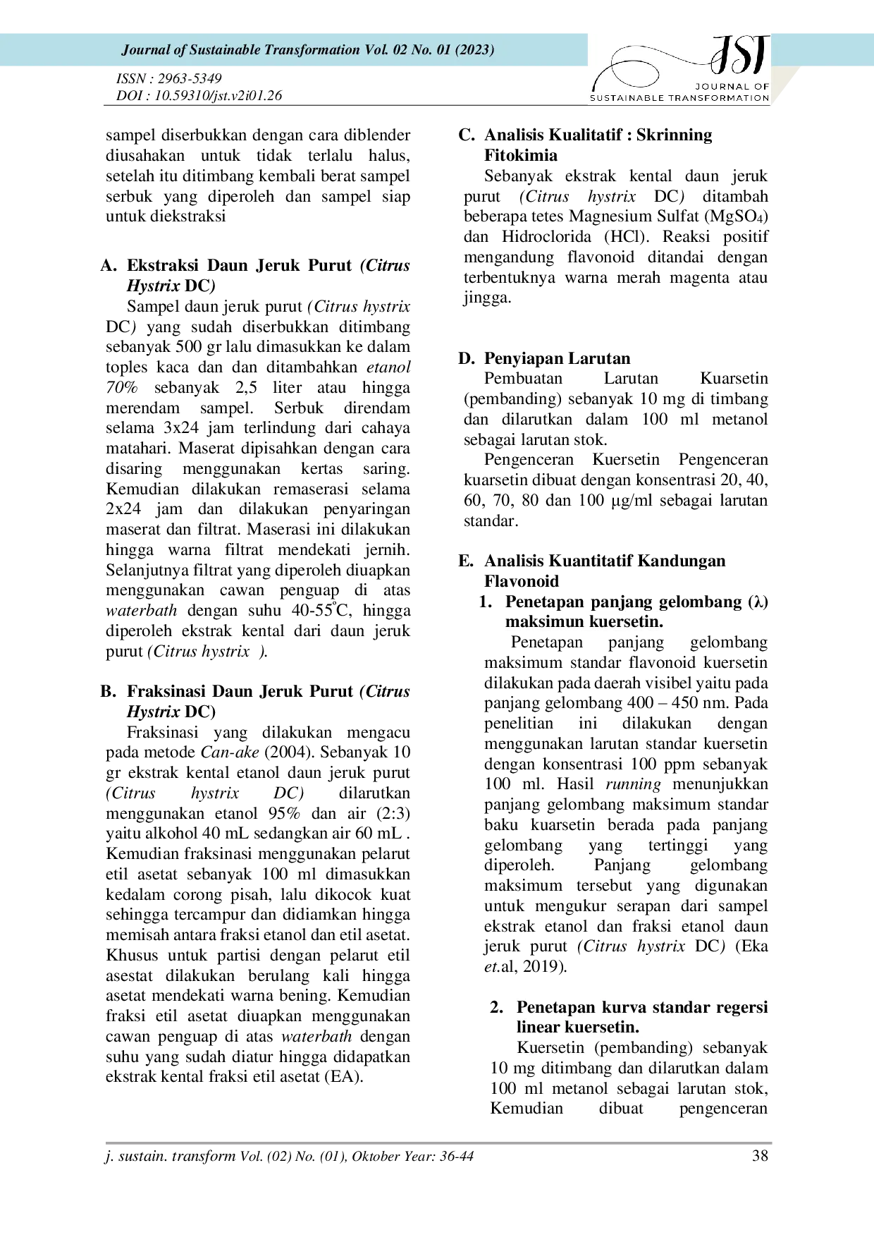 JURIS PENGUKURAN KADAR FLAVONOID TOTAL EKSTRAK ETANOL FRAKSI ETIL ASETAT DAUN JERUK PURUT Citrus hystrix DC DENGAN METODE SPEKTROFOTOMETRI UV VIS