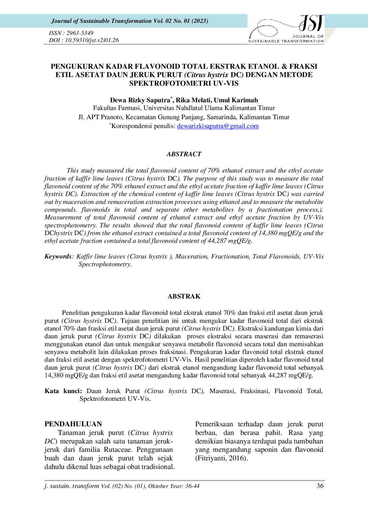 JURIS PENGUKURAN KADAR FLAVONOID TOTAL EKSTRAK ETANOL FRAKSI ETIL ASETAT DAUN JERUK PURUT Citrus hystrix DC DENGAN METODE SPEKTROFOTOMETRI UV VIS