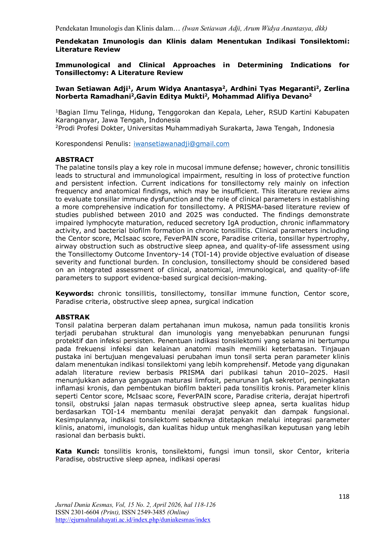 JURIS Immunological and Clinical Approaches in Determining Indications for Tonsillectomy A Literature Review