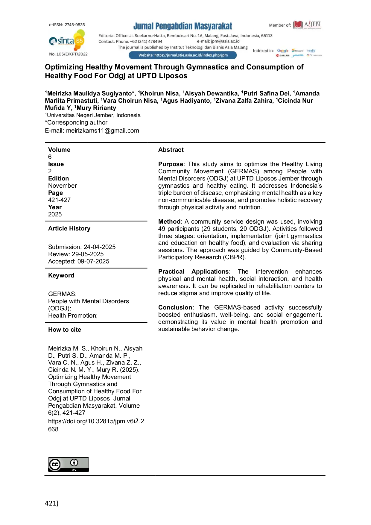 JURIS Optimizing Healthy Movement Through Gymnastics and Consumption of Healthy Food For Odgj at UPTD Liposos