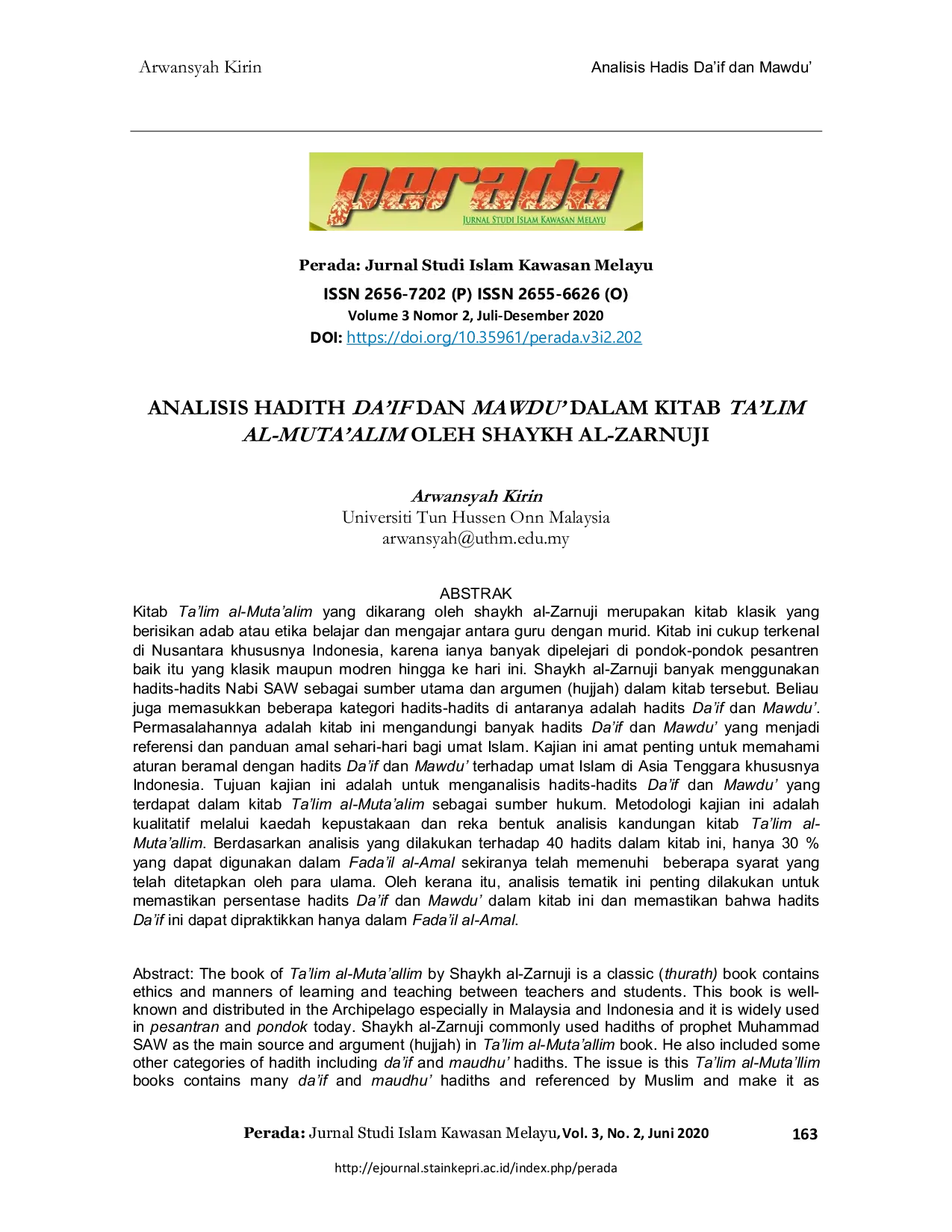 juris Analisis Hadis Da if dan Mawdu Dalam Kitab Ta lim Al Muta allim Oleh Shaykh Al Zarnuji