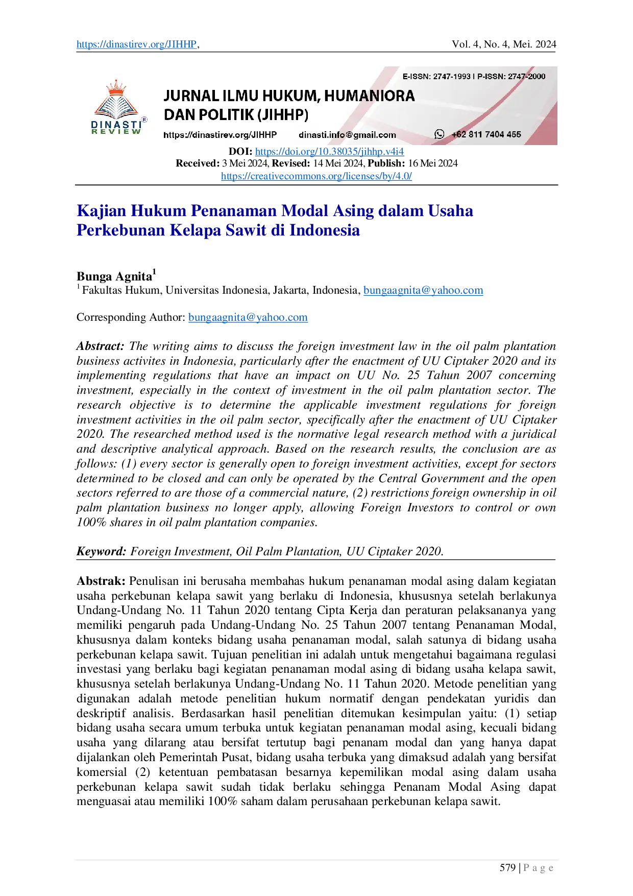 JURIS Kajian Hukum Penanaman Modal Asing dalam Usaha Perkebunan Kelapa Sawit di Indonesia