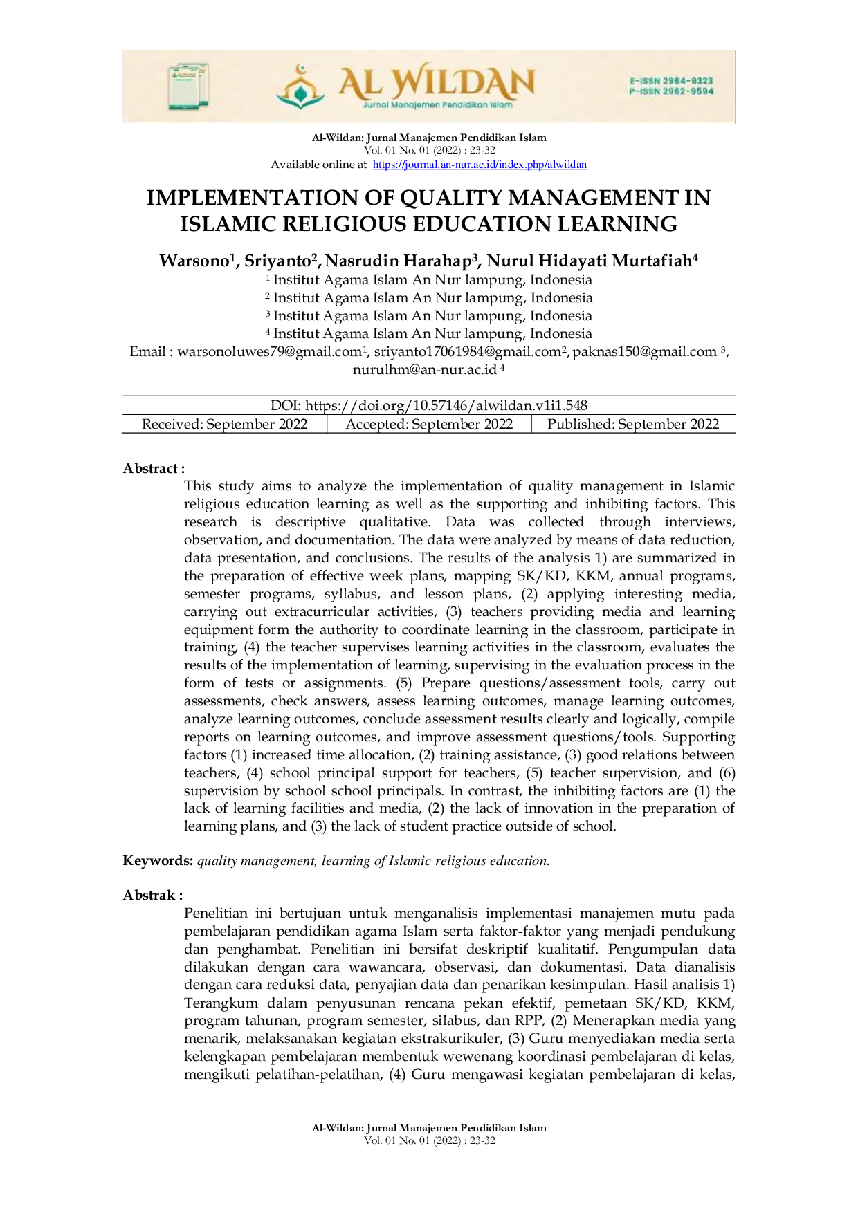 JURIS IMPLEMENTATION OF QUALITY MANAGEMENT IN ISLAMIC RELIGIOUS EDUCATION LEARNING