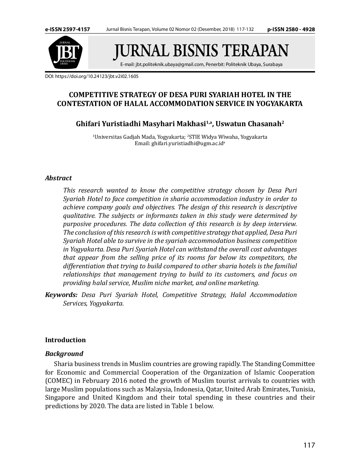 JURIS Competitive Strategy Of Desa Puri Syariah Hotel In The Contestation Of Halal Accommodation Service In Yogyakarta