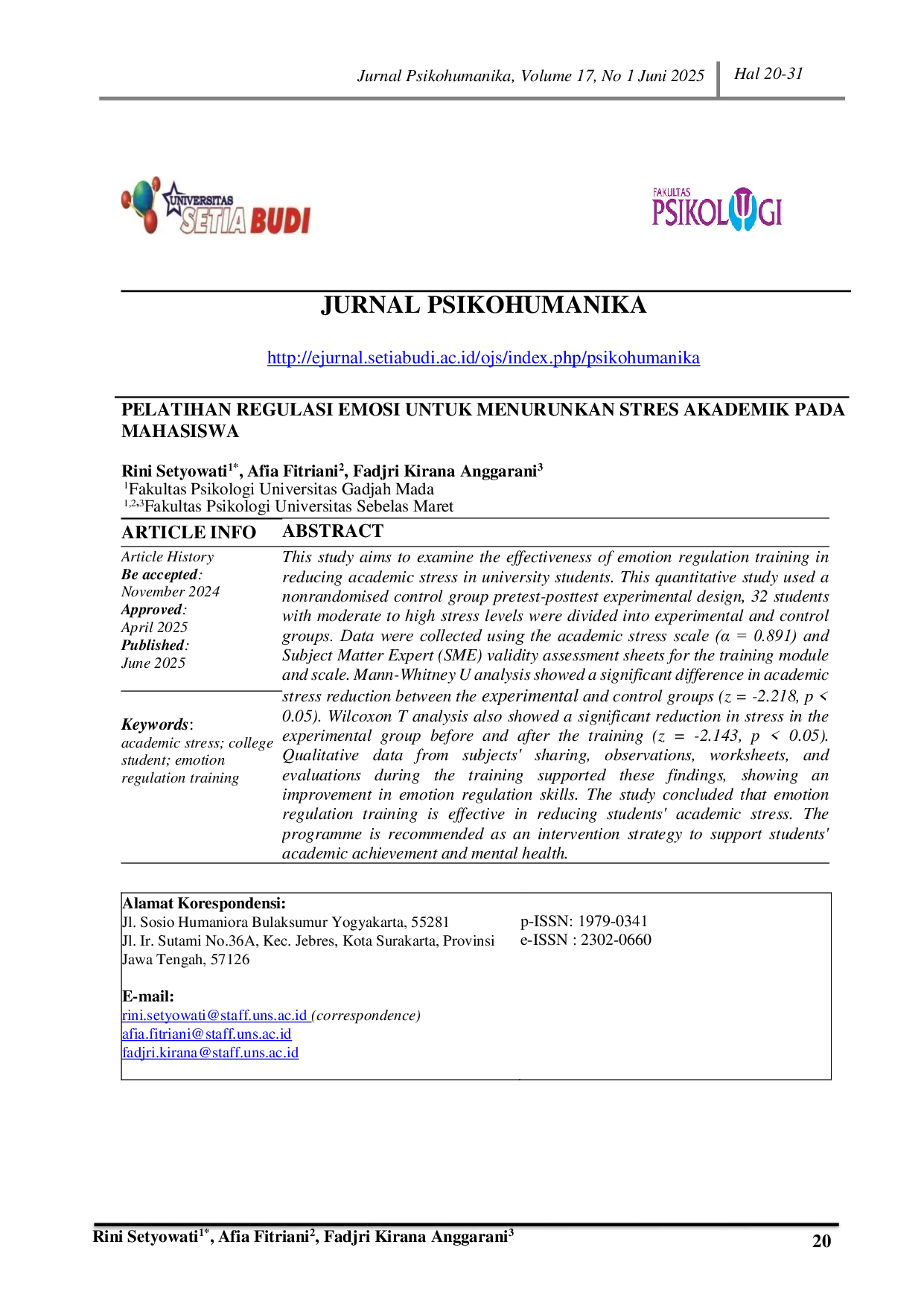 JURIS Pelatihan Regulasi Emosi untuk Menurunkan Stres Akademik pada Mahasiswa