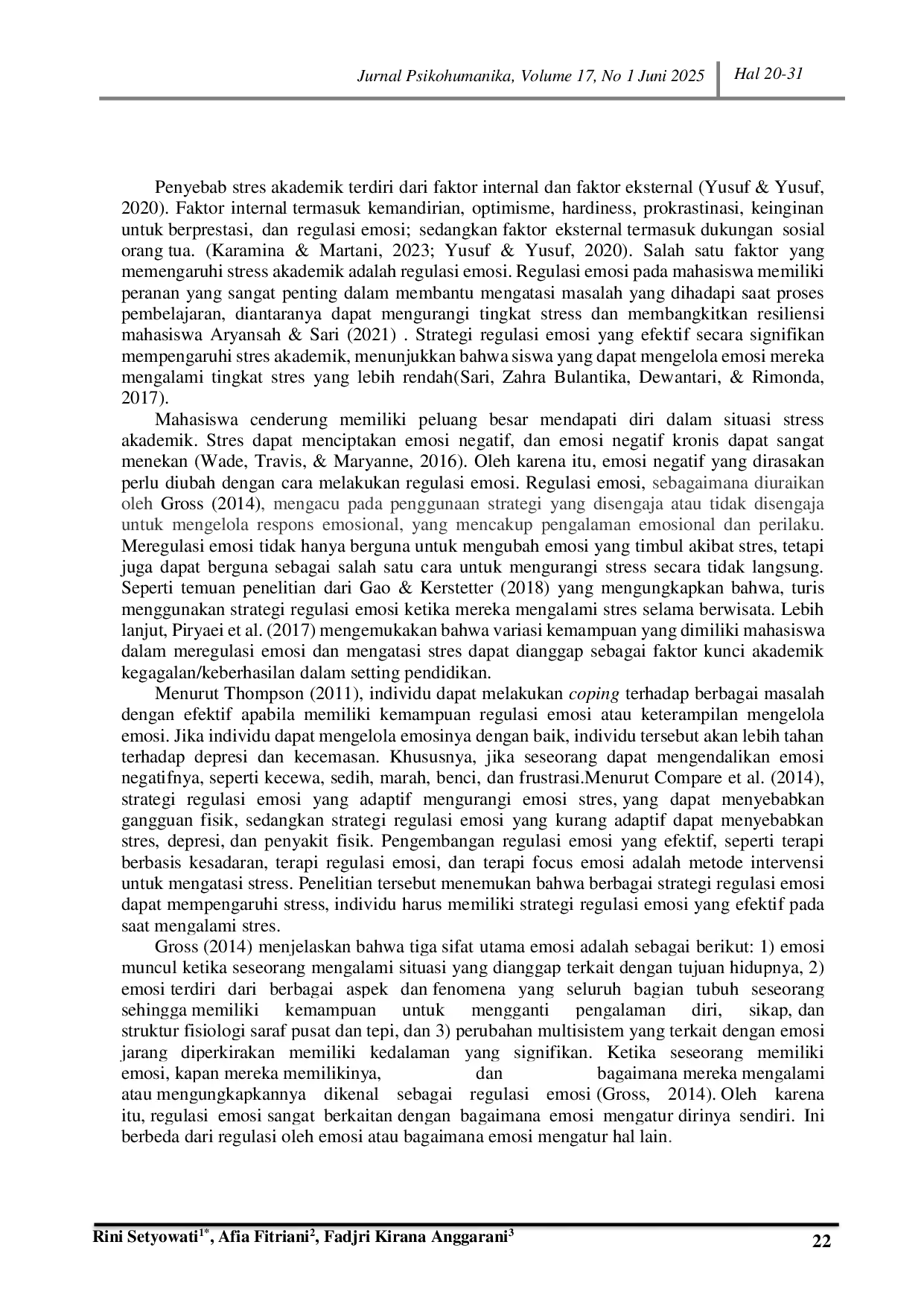 JURIS Pelatihan Regulasi Emosi untuk Menurunkan Stres Akademik pada Mahasiswa