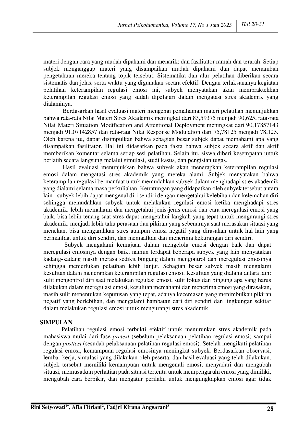 JURIS Pelatihan Regulasi Emosi untuk Menurunkan Stres Akademik pada Mahasiswa