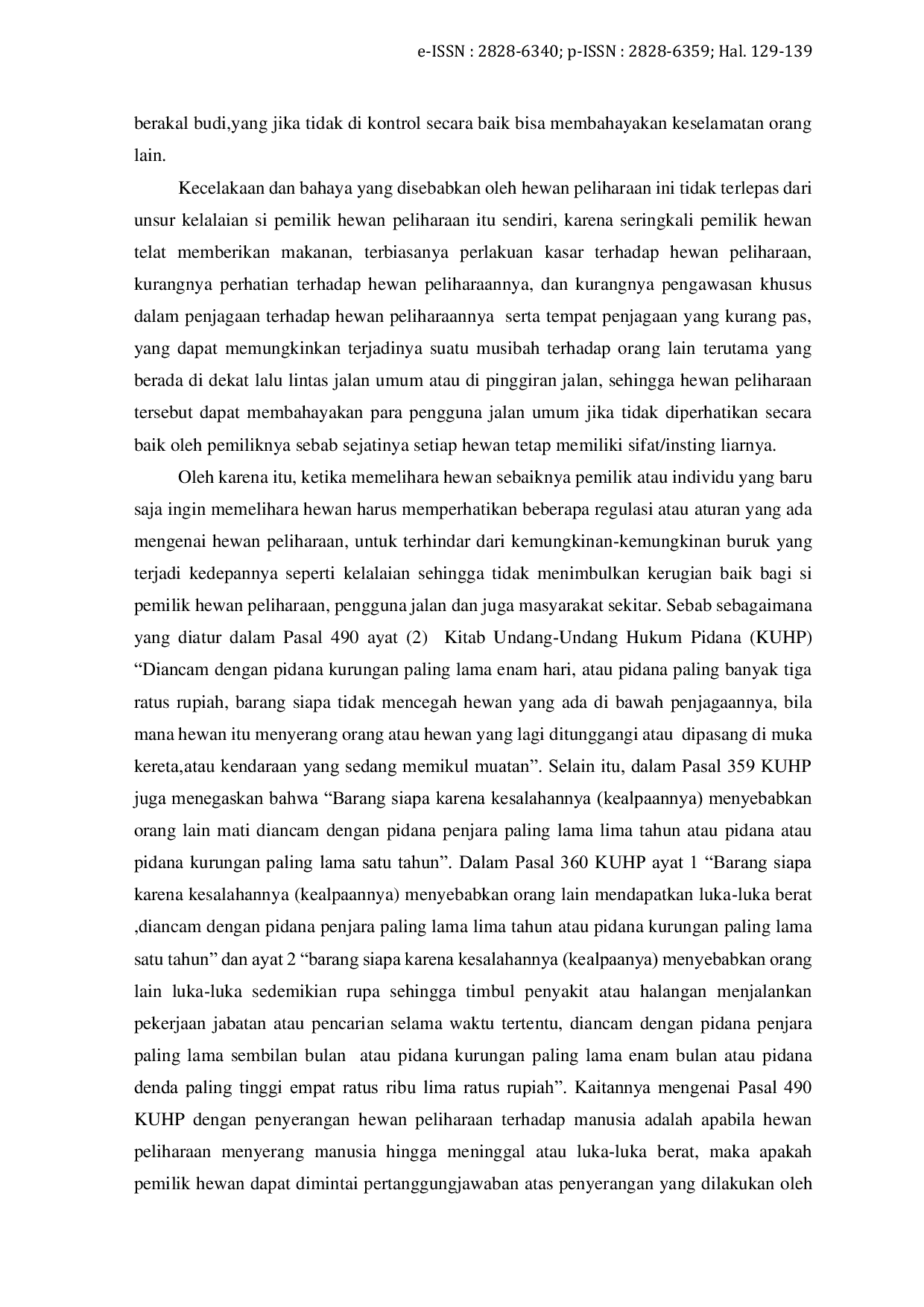 JURIS Pertanggungjawaban Pidana Pemilik Hewan Peliharaan Terhadap Terjadinya Kecelakaan Lalu Lintas Dijalan Umum