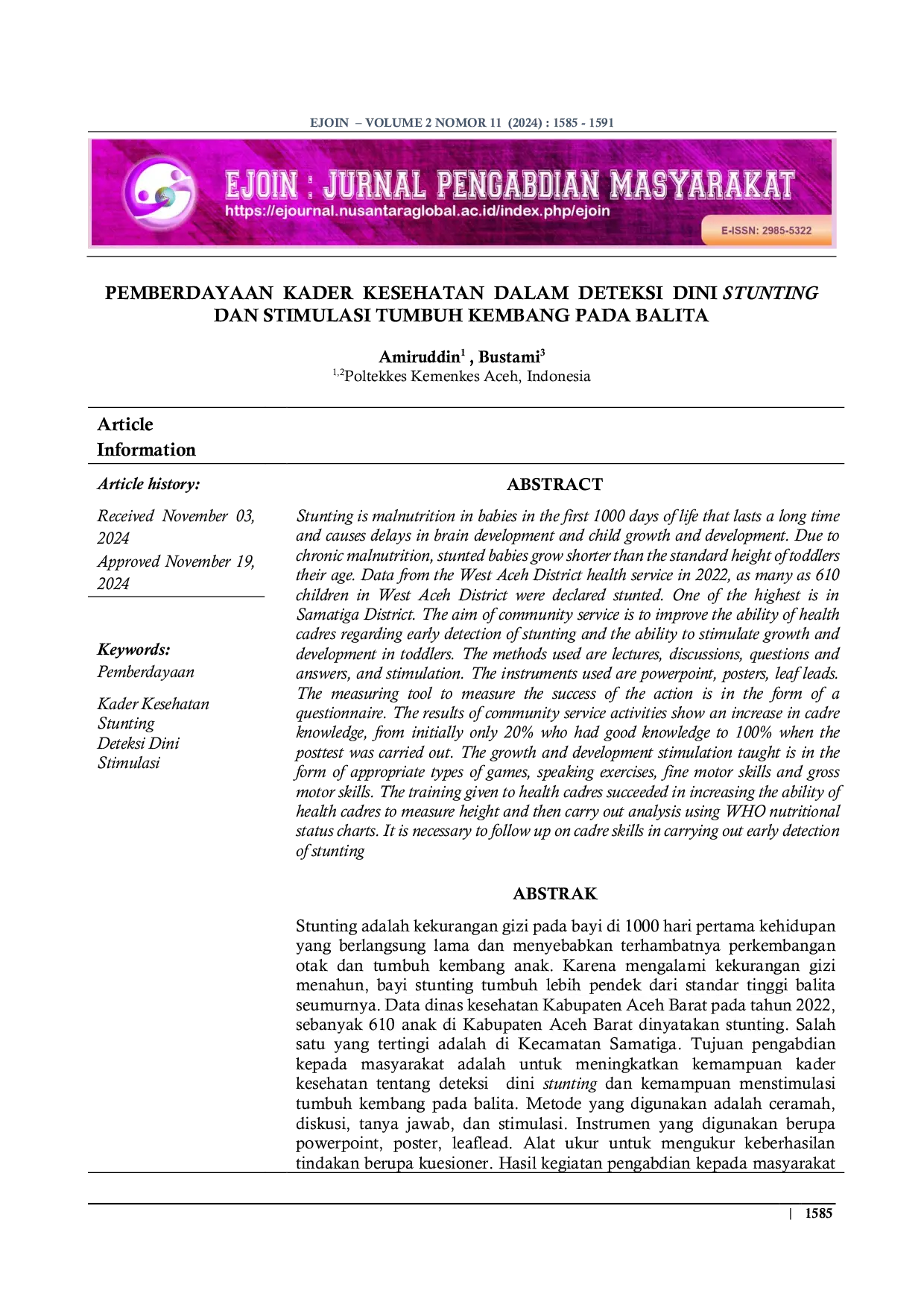 JURIS Pemberdayaan Kader Kesehatan Dalam Deteksi Dini Stunting Dan Stimulasi Tumbuh Kembang Pada Balita