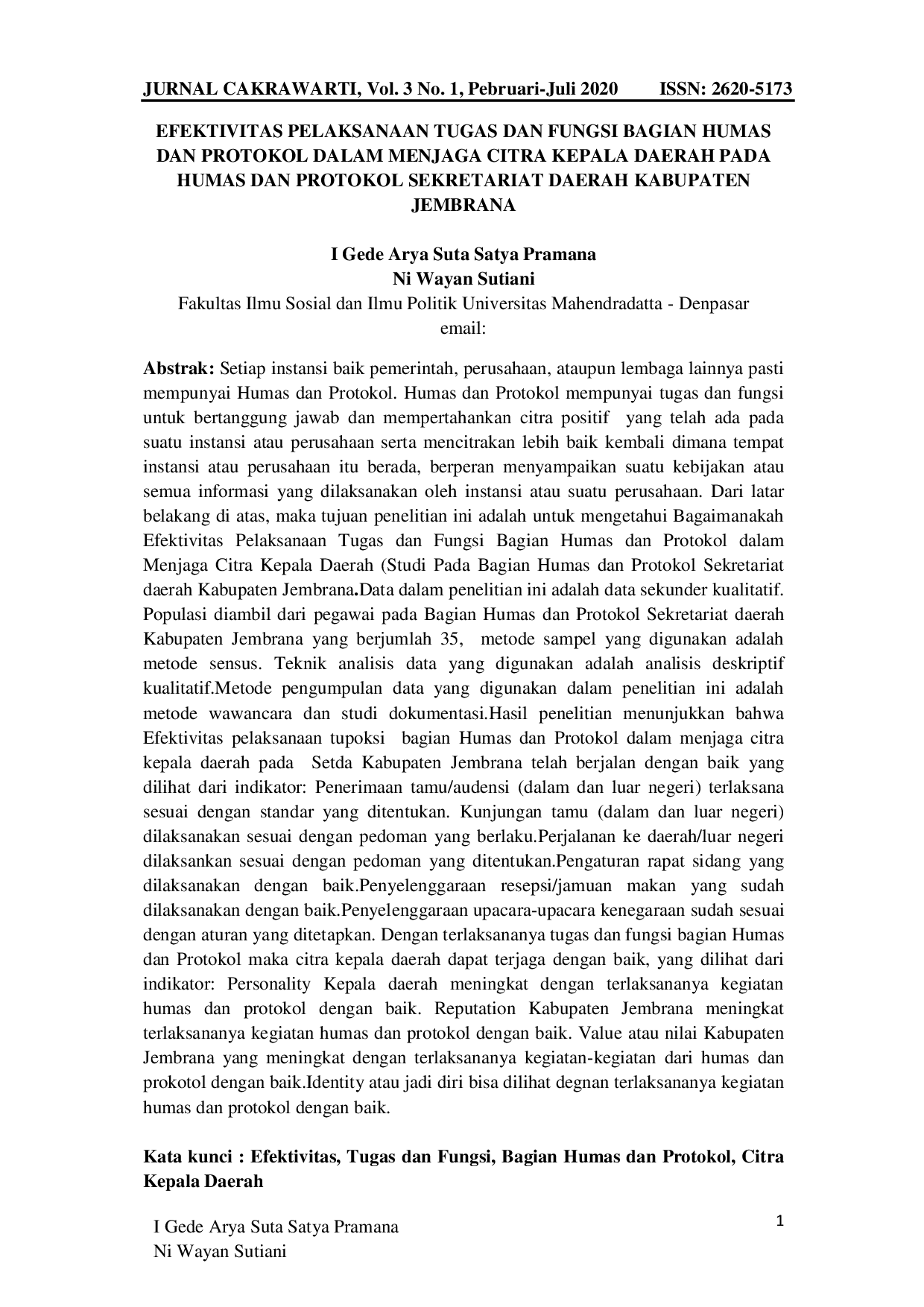 JURIS Efektivitas Pelaksanaan Tugas dan Fungsi Bagian Humas dan Protokol Dalam Menjaga Citra Kepala Daerah Pada Humas dan Protokol Sekretariat Daerah Kabupaten Jembrana