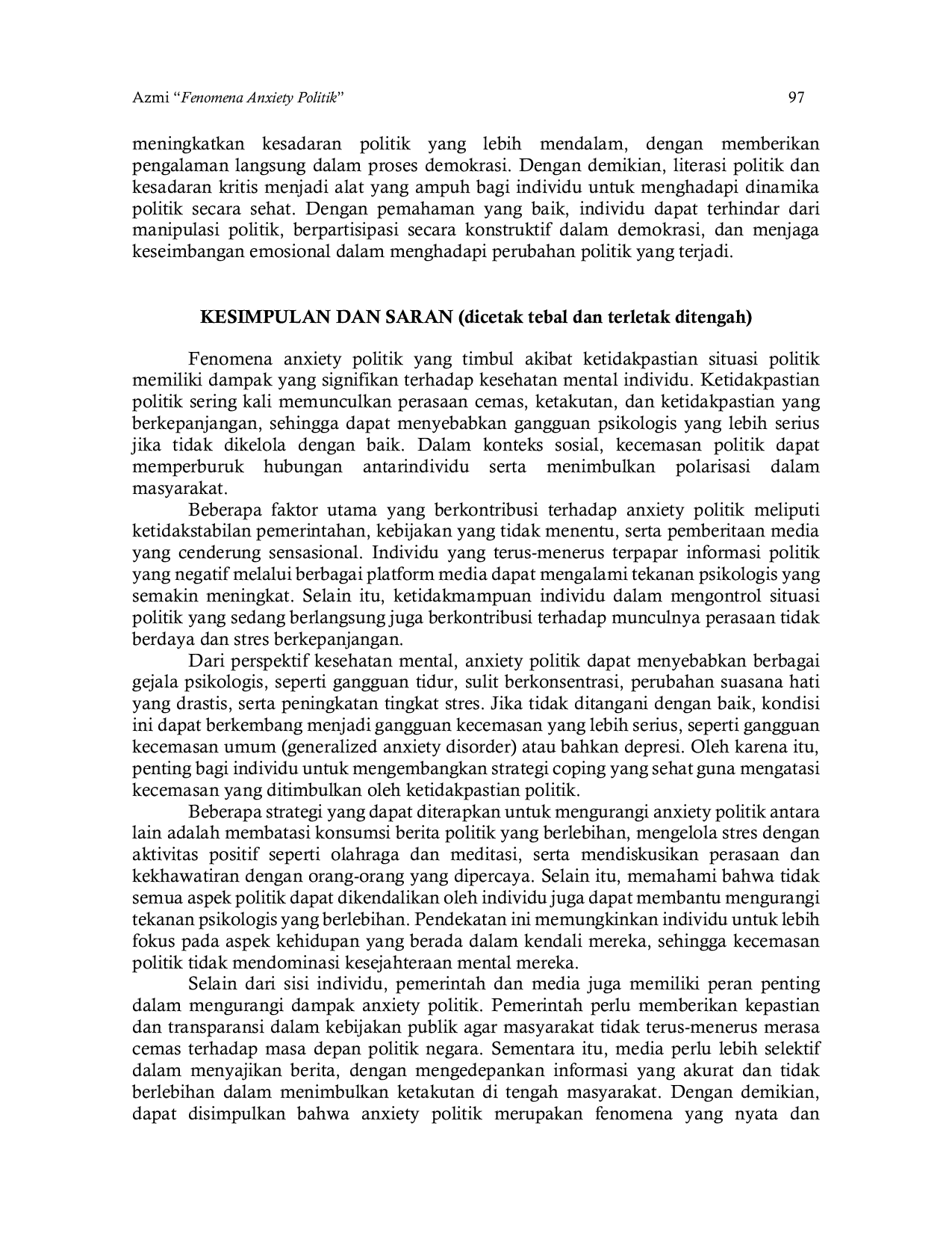 JURIS Fenomena Anxiety Politik Akibat Ketidakpastian Situasi Politik Ditinjau dari Kesehatan Mental