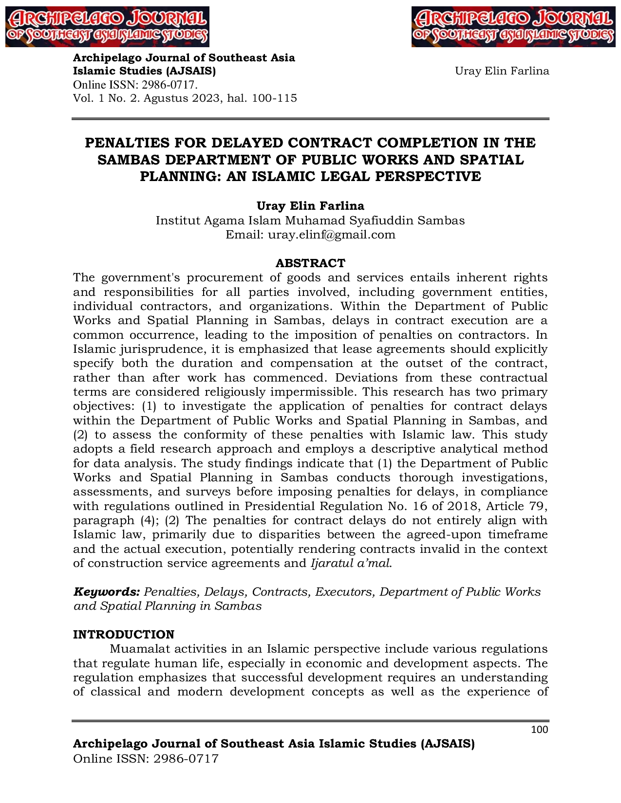 JURIS Penalties for Delayed Contract Completion in the Sambas Department of Public Works and Spatial Planning An Islamic Legal Perspective