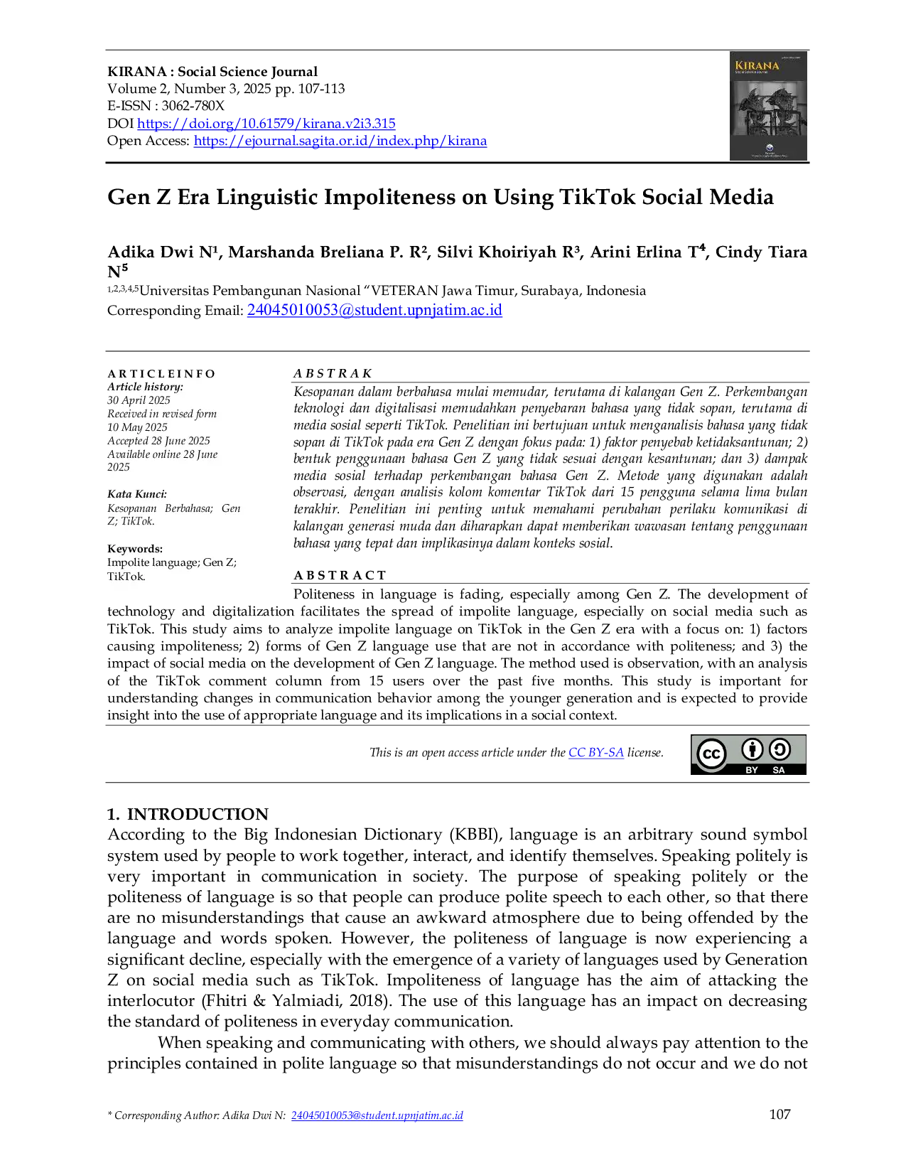 JURIS Gen Z Era Linguistic Impoliteness on Using TikTok Social Media