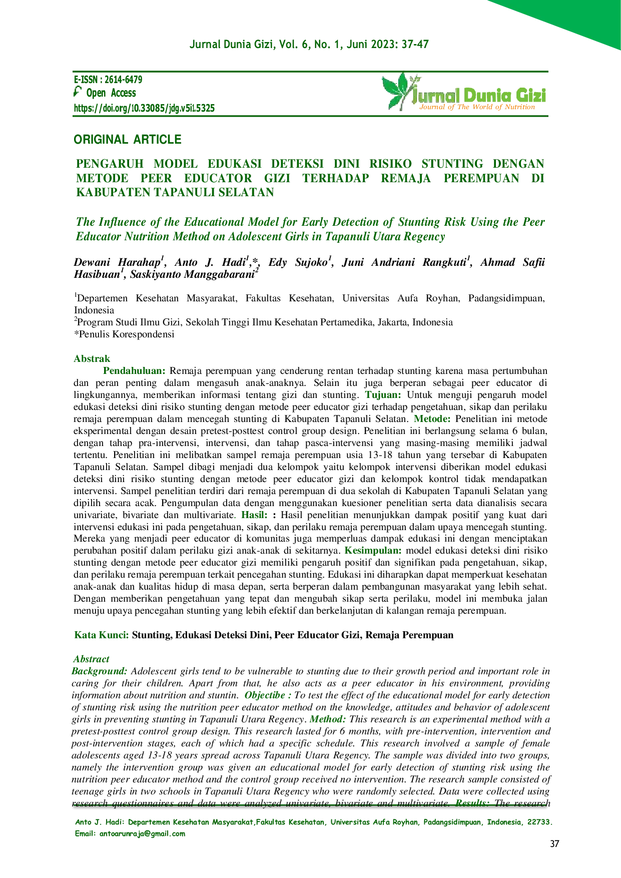 JURIS Pengaruh Model Edukasi Deteksi Dini Risiko Stunting Dengan Metode Peer Educator Gizi Terhadap Remaja Perempuan Di Kabupaten Tapanuli Selatan