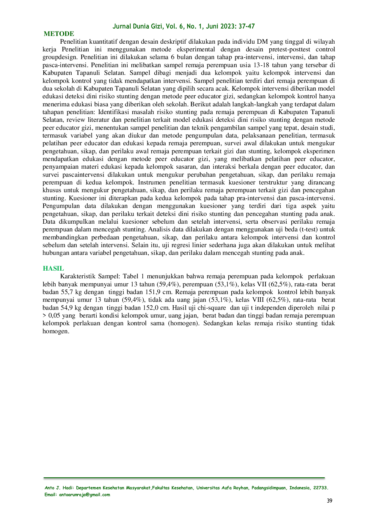 JURIS Pengaruh Model Edukasi Deteksi Dini Risiko Stunting Dengan Metode Peer Educator Gizi Terhadap Remaja Perempuan Di Kabupaten Tapanuli Selatan