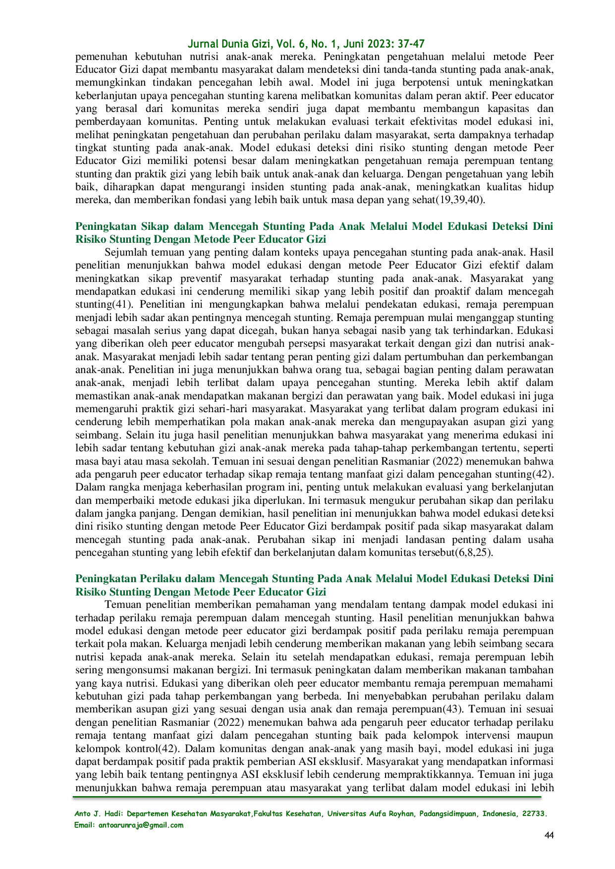 JURIS Pengaruh Model Edukasi Deteksi Dini Risiko Stunting Dengan Metode Peer Educator Gizi Terhadap Remaja Perempuan Di Kabupaten Tapanuli Selatan