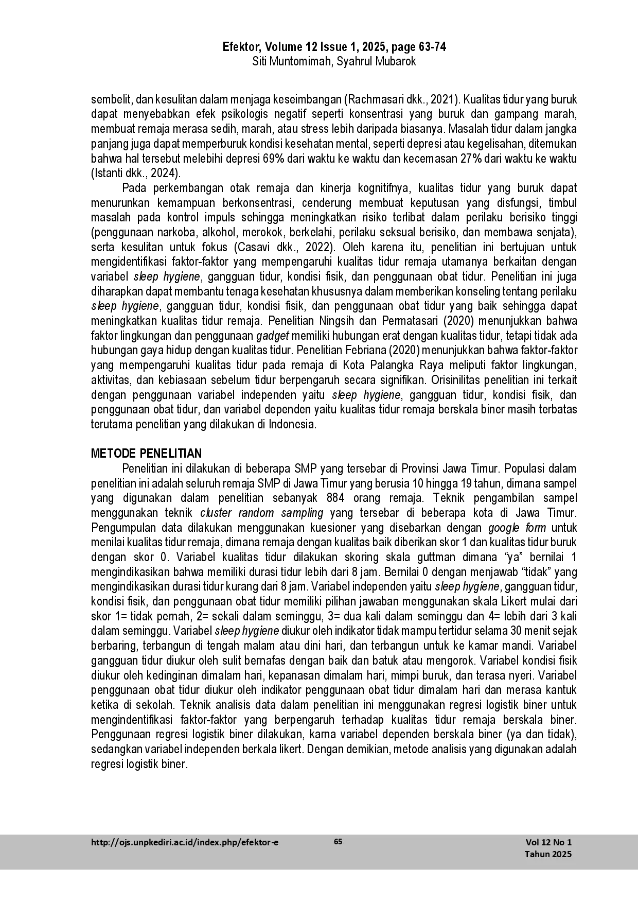juris Analisis Faktor Faktor yang Mempengaruhi Kualitas Tidur pada Remaja berskala Biner