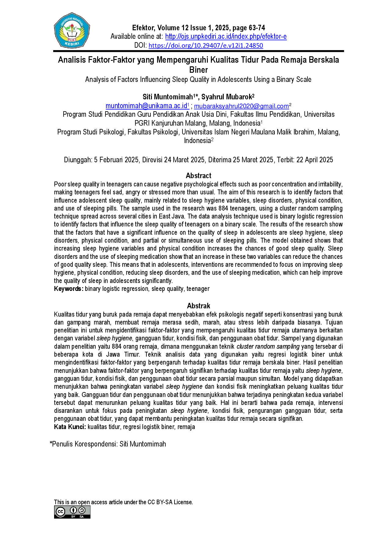 juris Analisis Faktor Faktor yang Mempengaruhi Kualitas Tidur pada Remaja berskala Biner