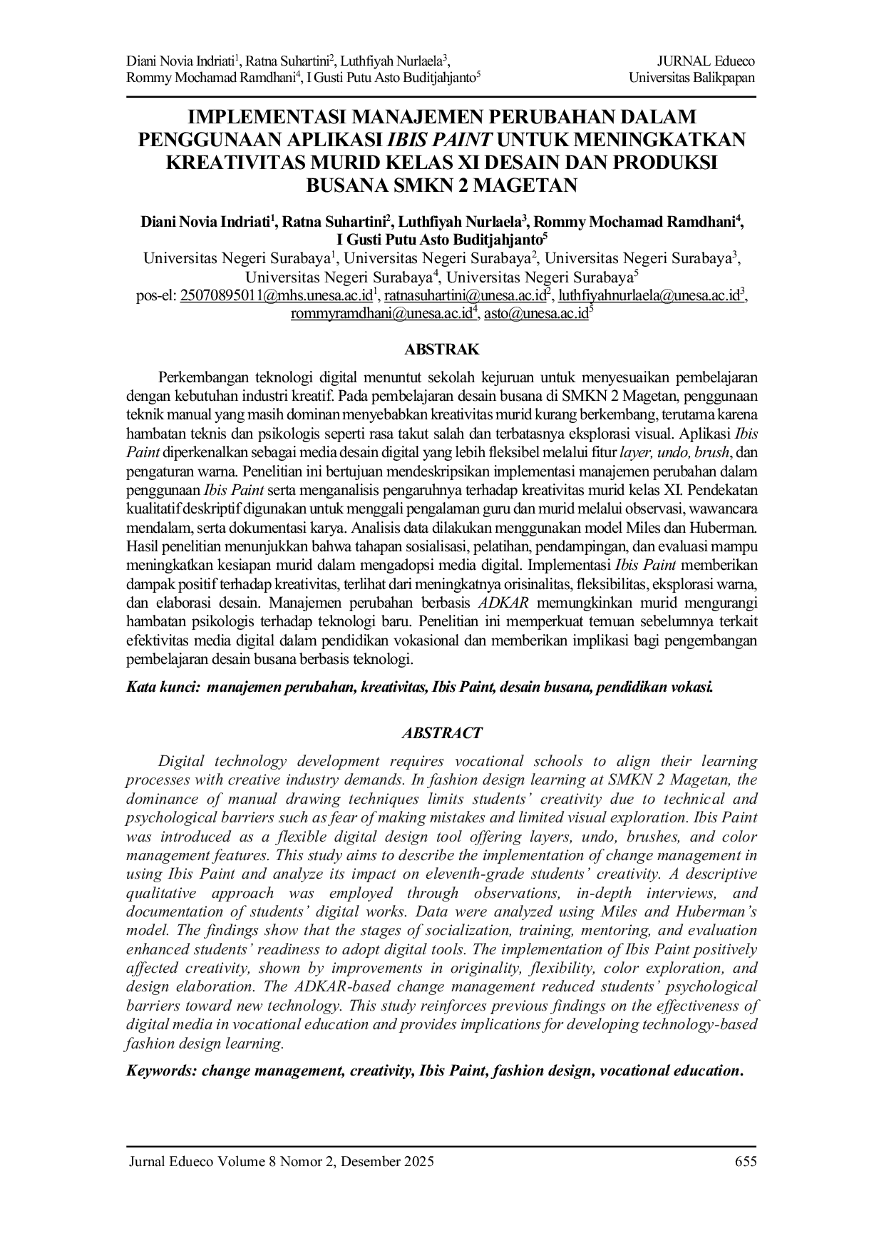 JURIS Implementasi Manajemen Perubahan Dalam Penggunaan Aplikasi Ibis Paint Untuk Meningkatkan Kreativitas Murid Kelas Xi Desain Dan Produksi Busana Smkn 2 Magetan