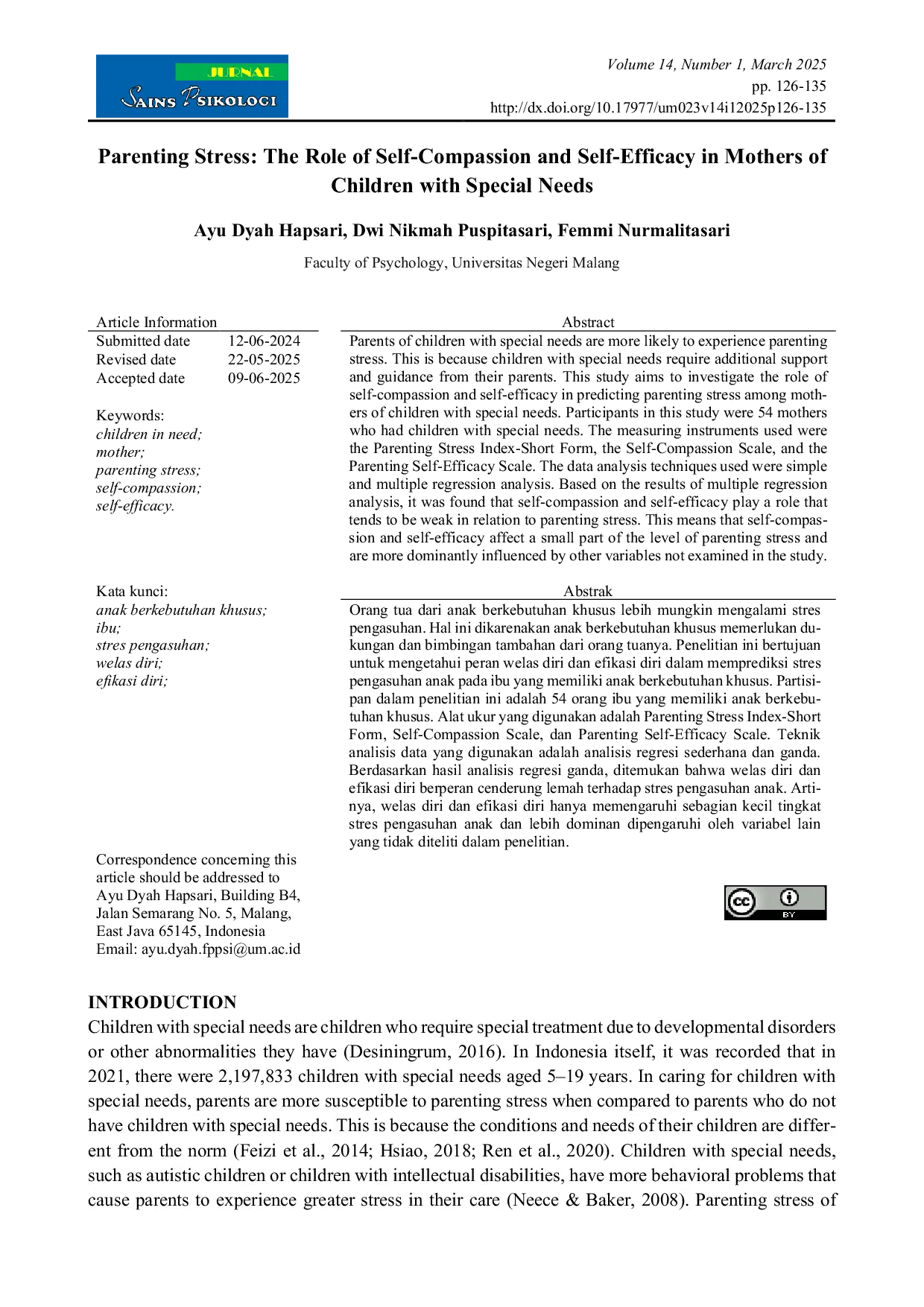 JURIS Parenting Stress The Role of Self Compassion and Self Efficacy in Mothers of Children with Special Needs