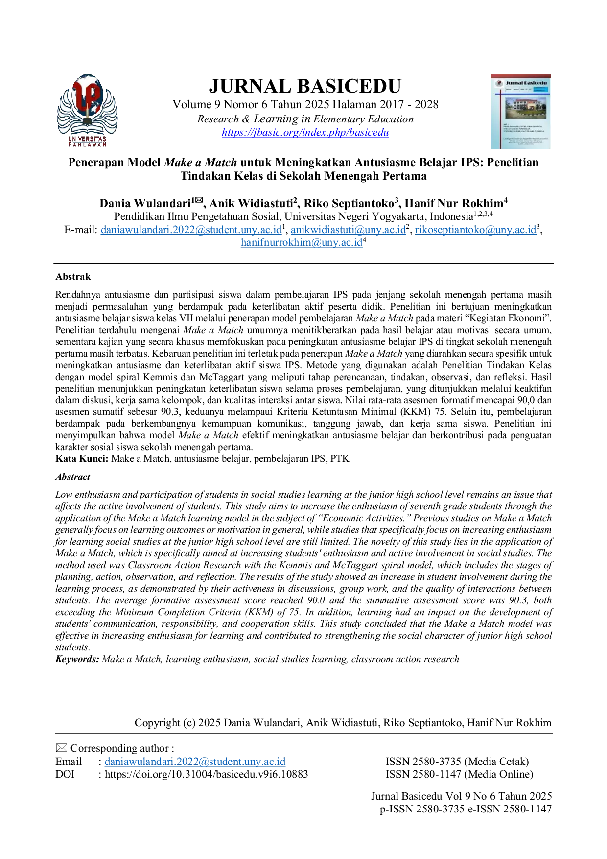 JURIS Penerapan Model Make a Match untuk Meningkatkan Antusiasme Belajar IPS Penelitian Tindakan Kelas di Sekolah Menengah Pertama