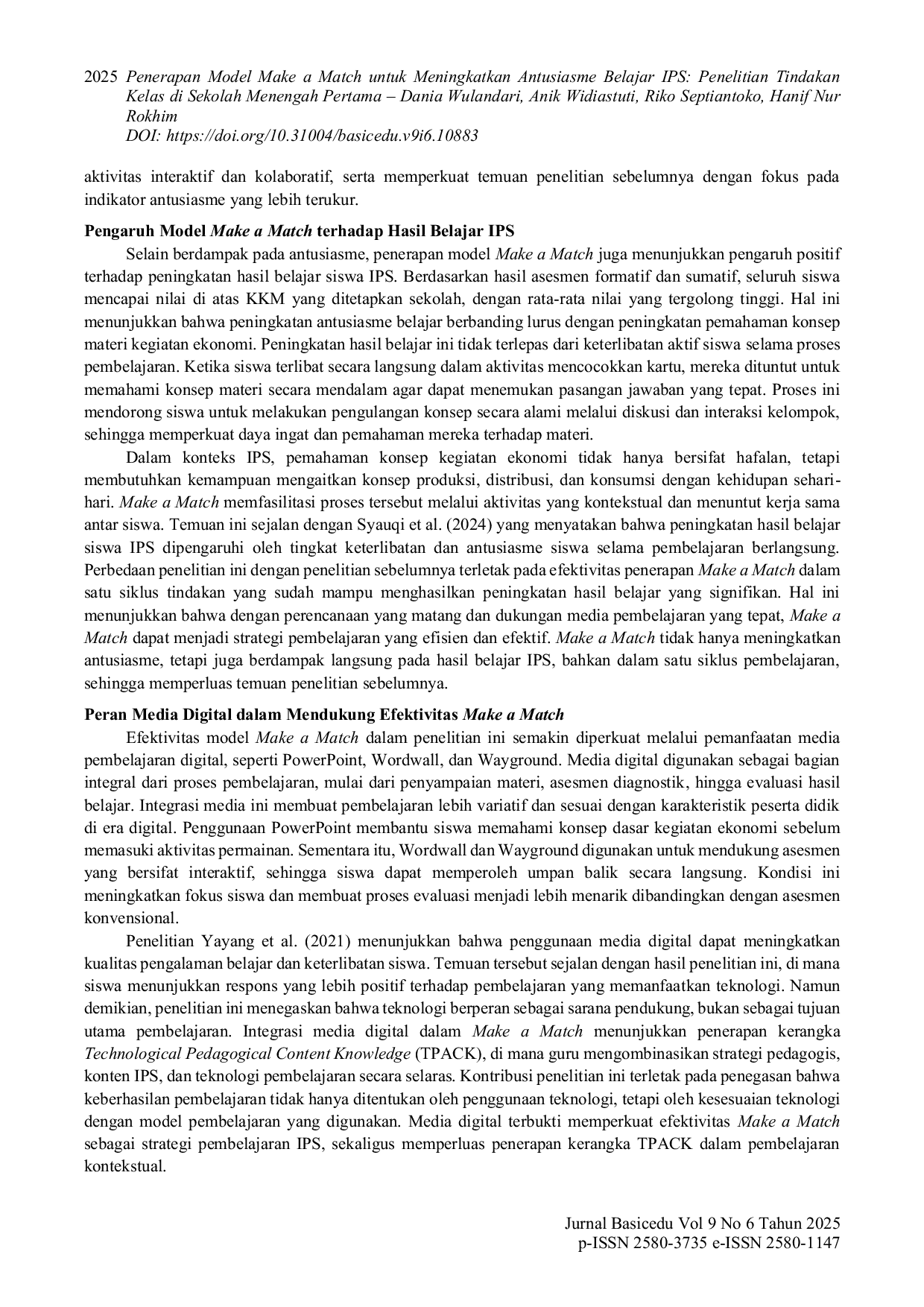 JURIS Penerapan Model Make a Match untuk Meningkatkan Antusiasme Belajar IPS Penelitian Tindakan Kelas di Sekolah Menengah Pertama