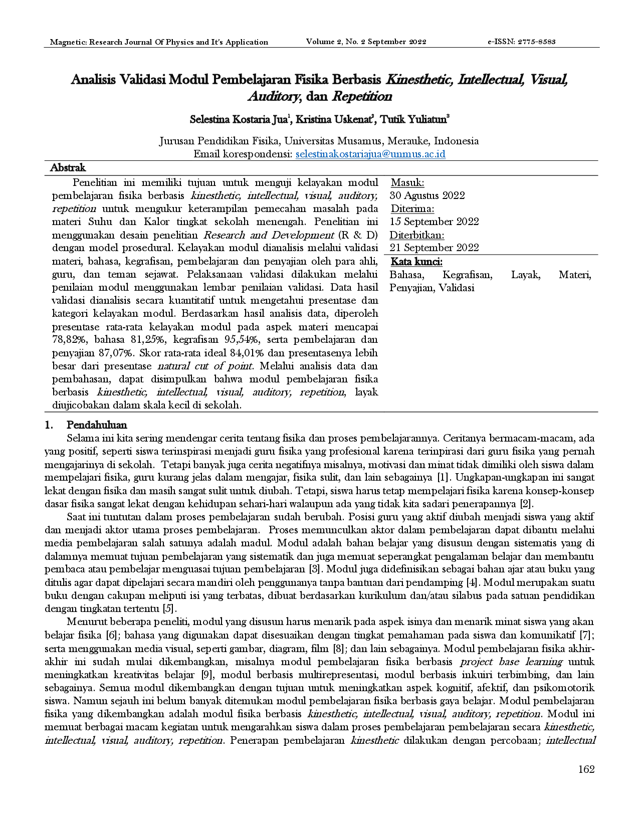 juris Analisis Validasi Modul Pembelajaran Fisika Berbasis Kinesthetic Intellectual Visual Auditory dan Repetition