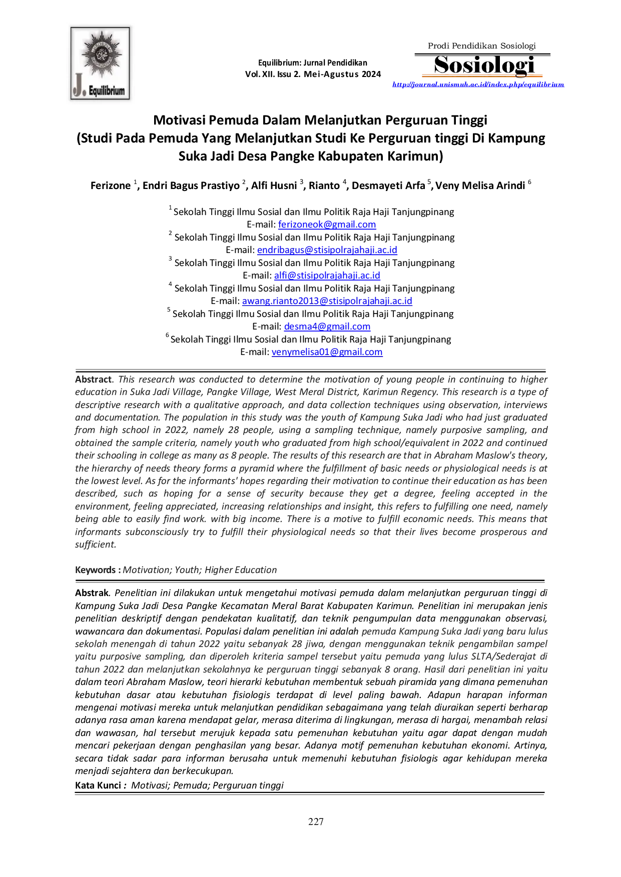 JURIS Motivasi Pemuda Dalam Melanjutkan Perguruan Tinggi Studi Pada Pemuda Yang Melanjutkan Studi Ke Perguruan tinggi Di Kampung Suka Jadi Desa Pangke Kabupaten Karimun