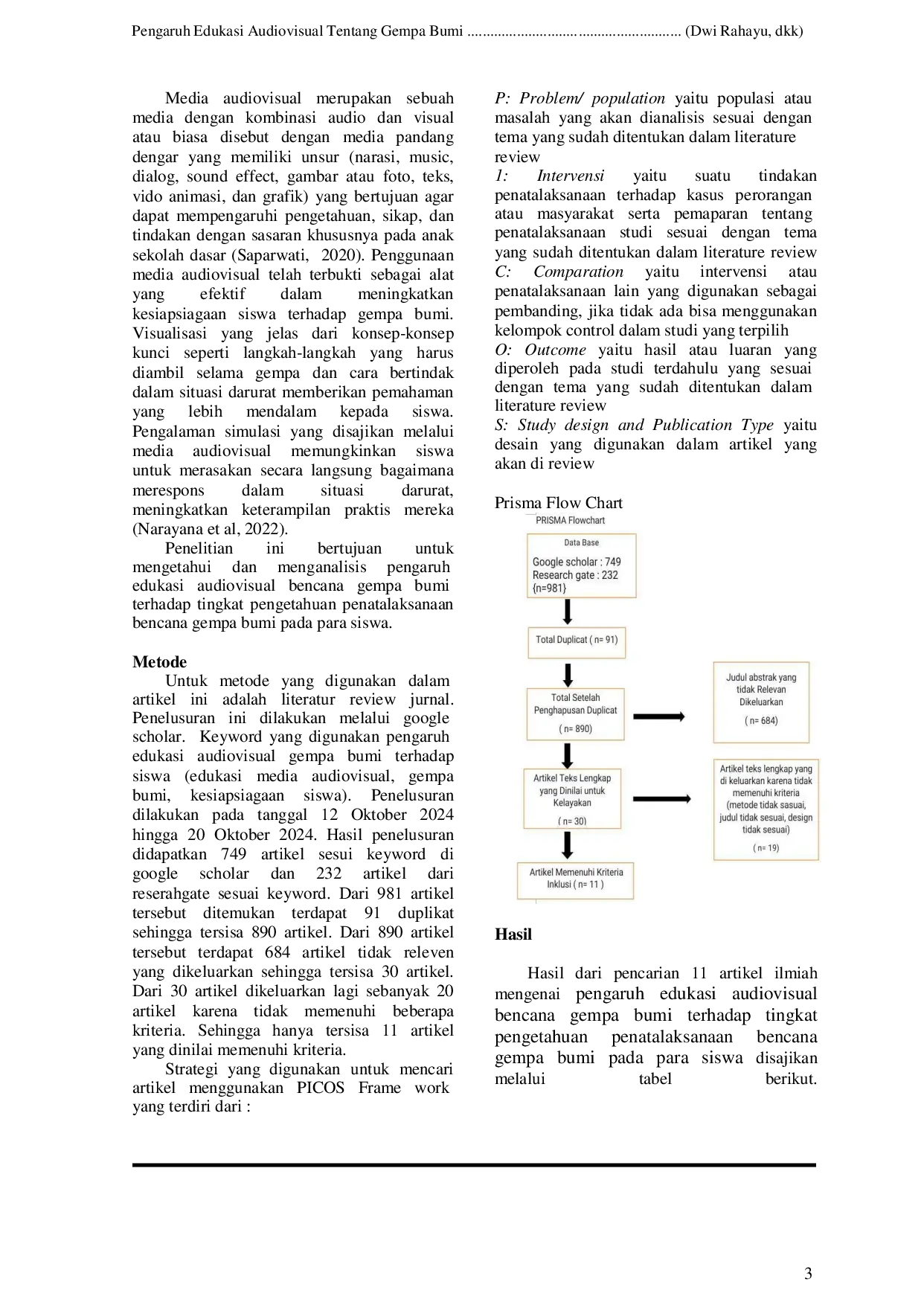 JURIS Pengaruh Edukasi Audiovisual Tentang Gempa Bumi Terhadap Kesiapsiagaan Siswa Literature Review