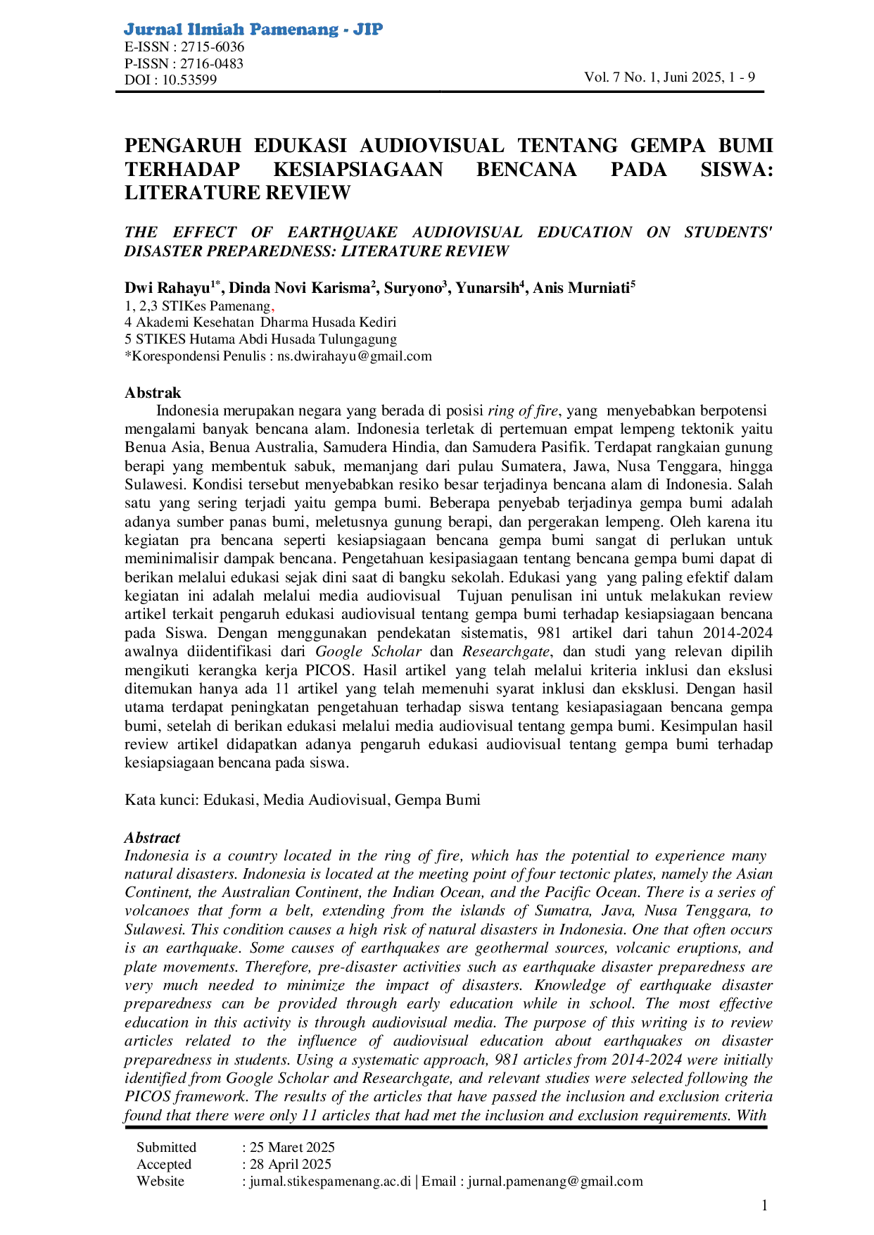 JURIS Pengaruh Edukasi Audiovisual Tentang Gempa Bumi Terhadap Kesiapsiagaan Siswa Literature Review