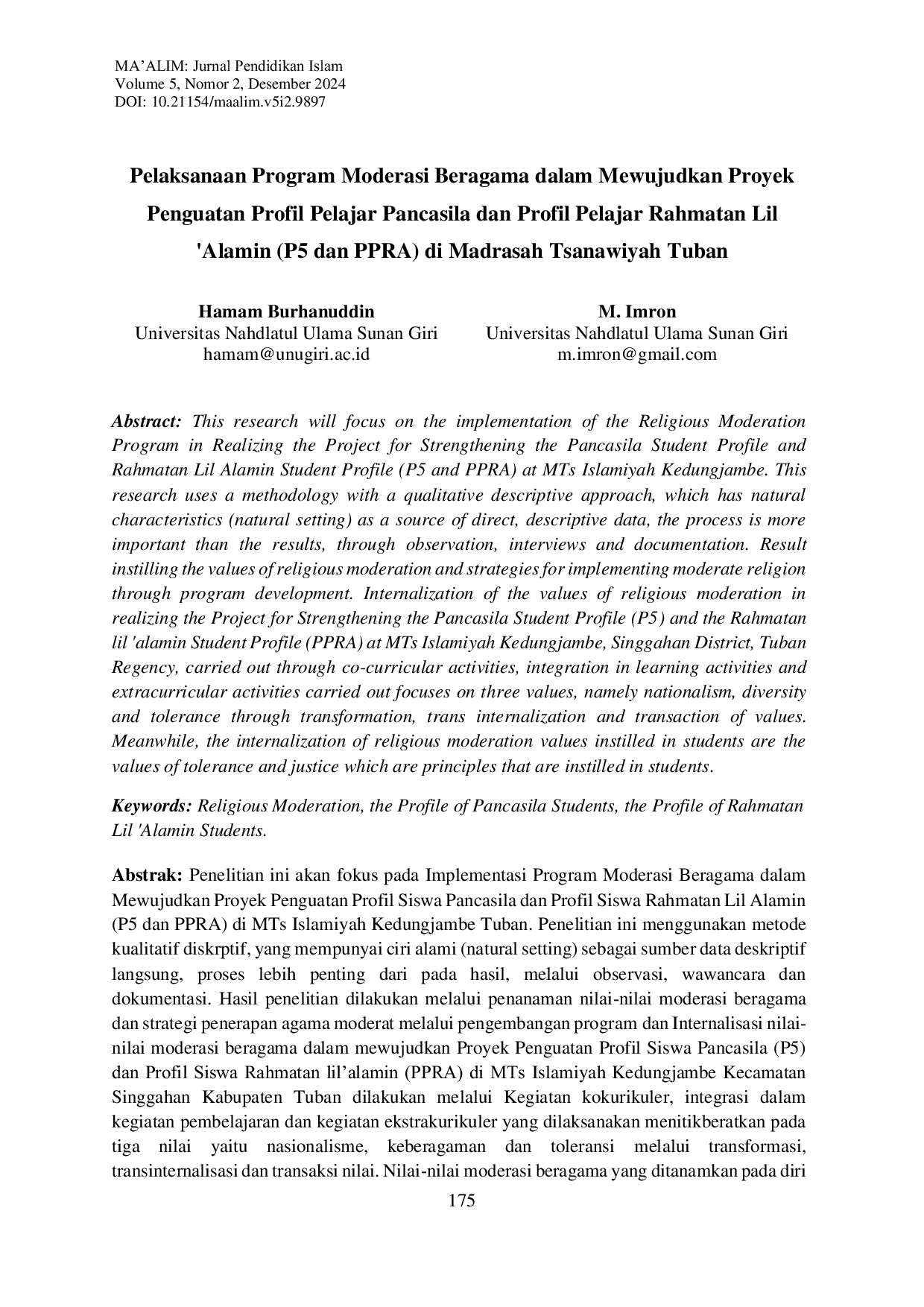 JURIS Pelaksanaan Program Moderasi Beragama dalam Mewujudkan Proyek Penguatan Profil Pelajar Pancasila dan Profil Pelajar Rahmatan Lil Alamin P5 dan PPRA di Madrasah Tsanawiyah Tuban