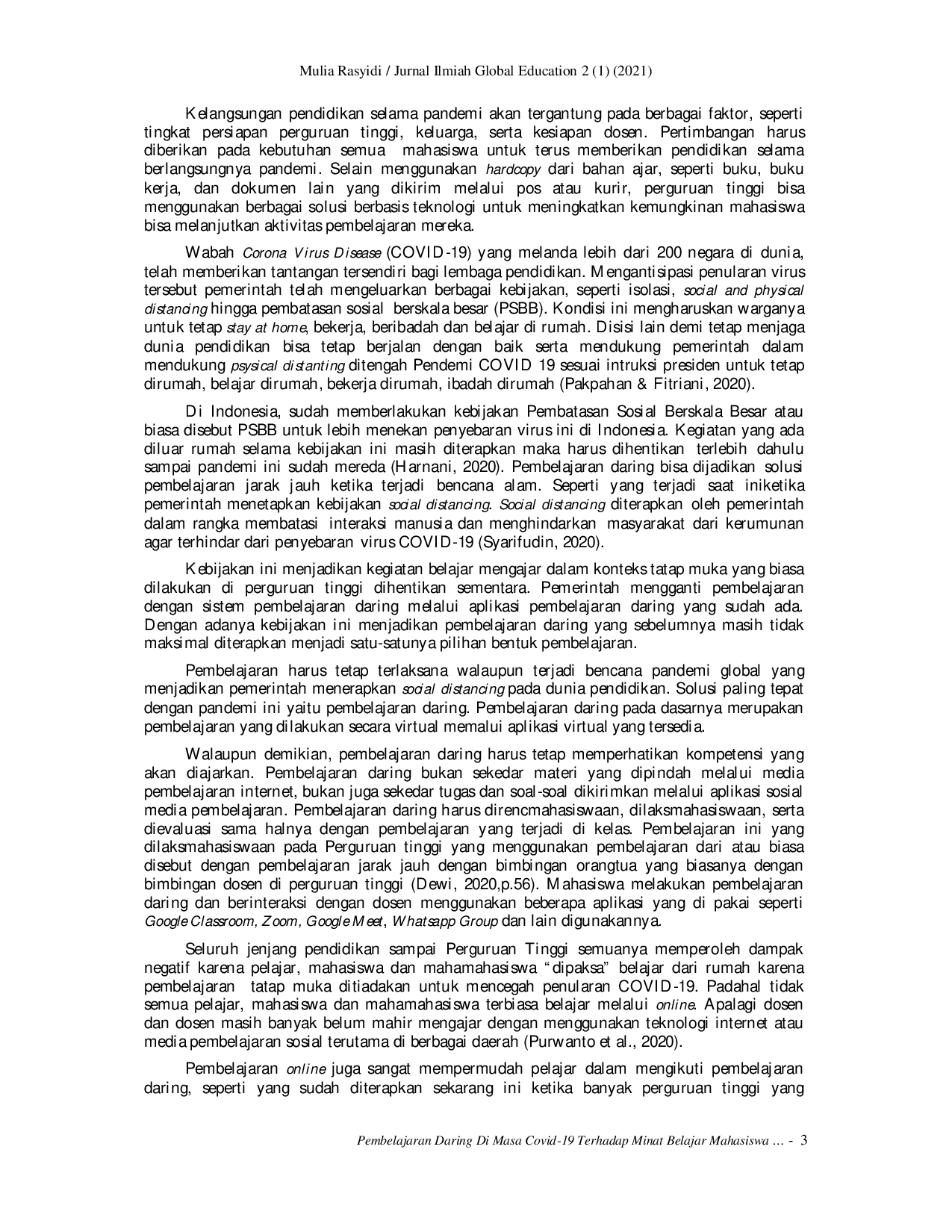 juris Pembelajaran Daring Di Masa Pandemi Covid 19 Terhadap Minat Belajar Mahasiswa Institut Pendidikan Nusantara Global