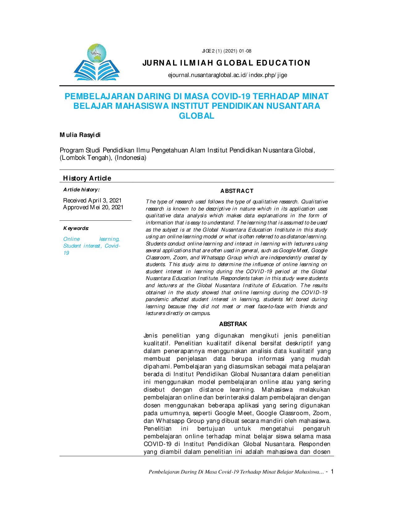 juris Pembelajaran Daring Di Masa Pandemi Covid 19 Terhadap Minat Belajar Mahasiswa Institut Pendidikan Nusantara Global