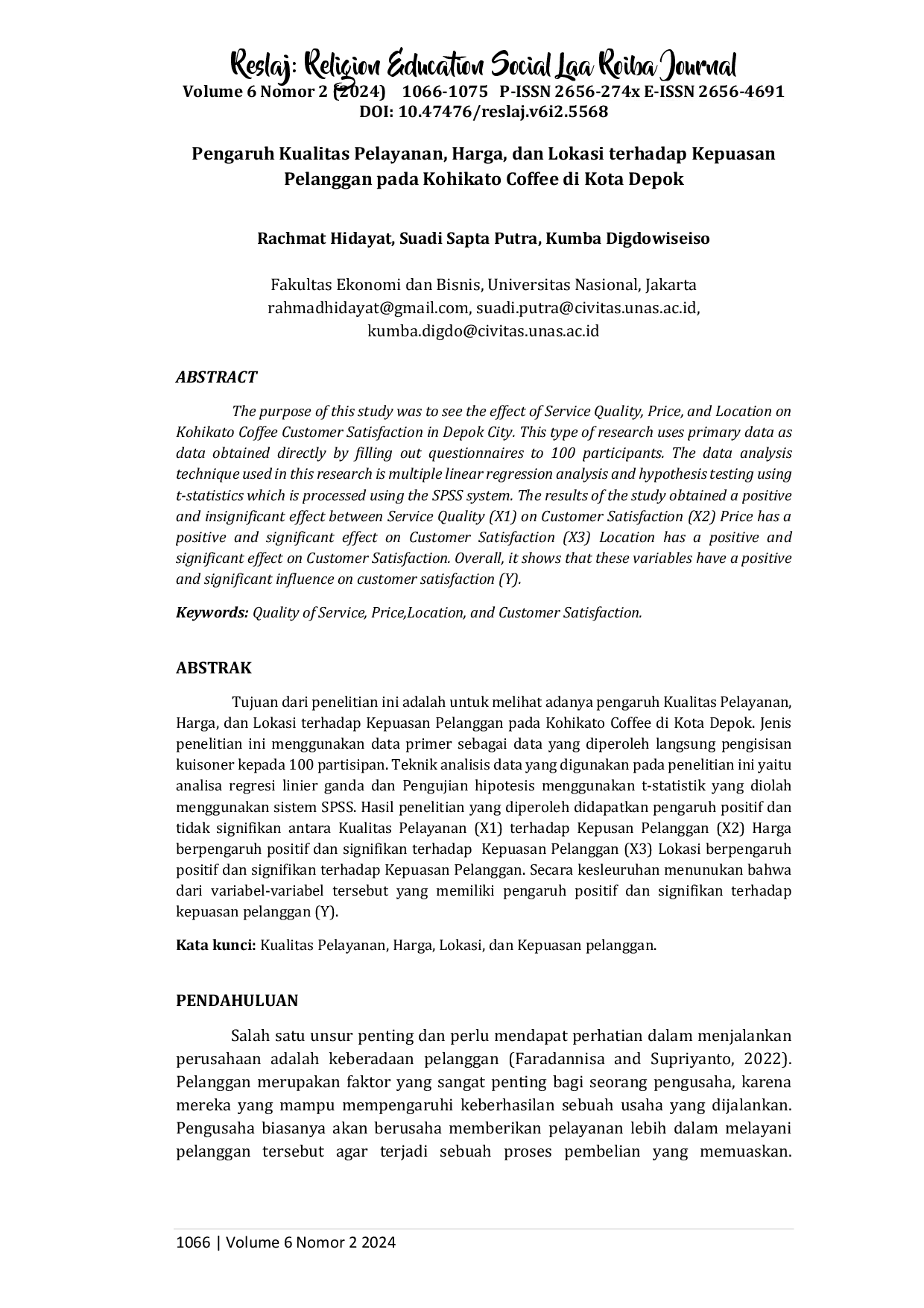 juris Pengaruh Kualitas Pelayanan Harga dan Lokasi terhadap Kepuasan Pelanggan pada Kohikato Coffee di Kota Depok