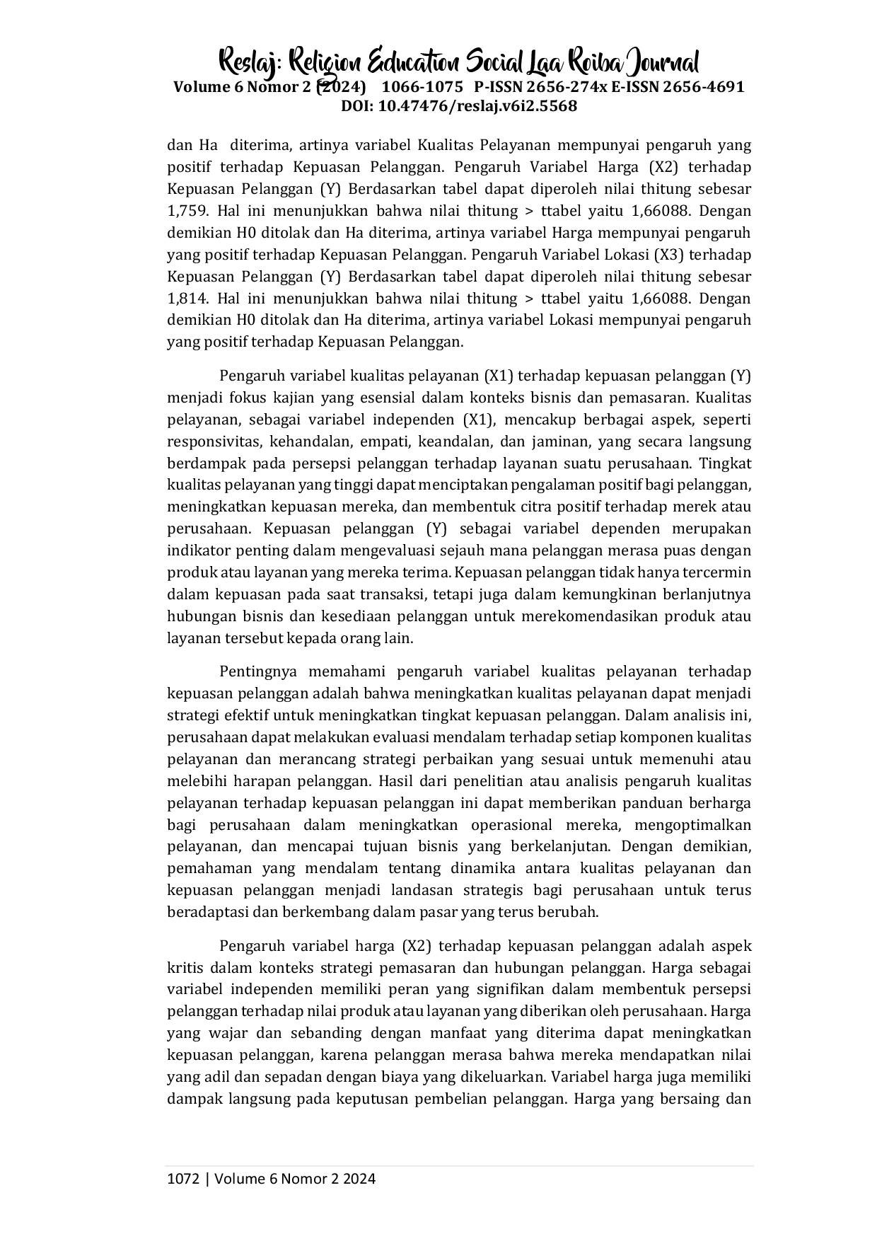 juris Pengaruh Kualitas Pelayanan Harga dan Lokasi terhadap Kepuasan Pelanggan pada Kohikato Coffee di Kota Depok