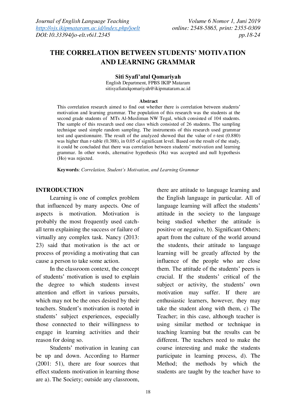 JURIS The Correlation Between Students Motivation and Learning Grammar