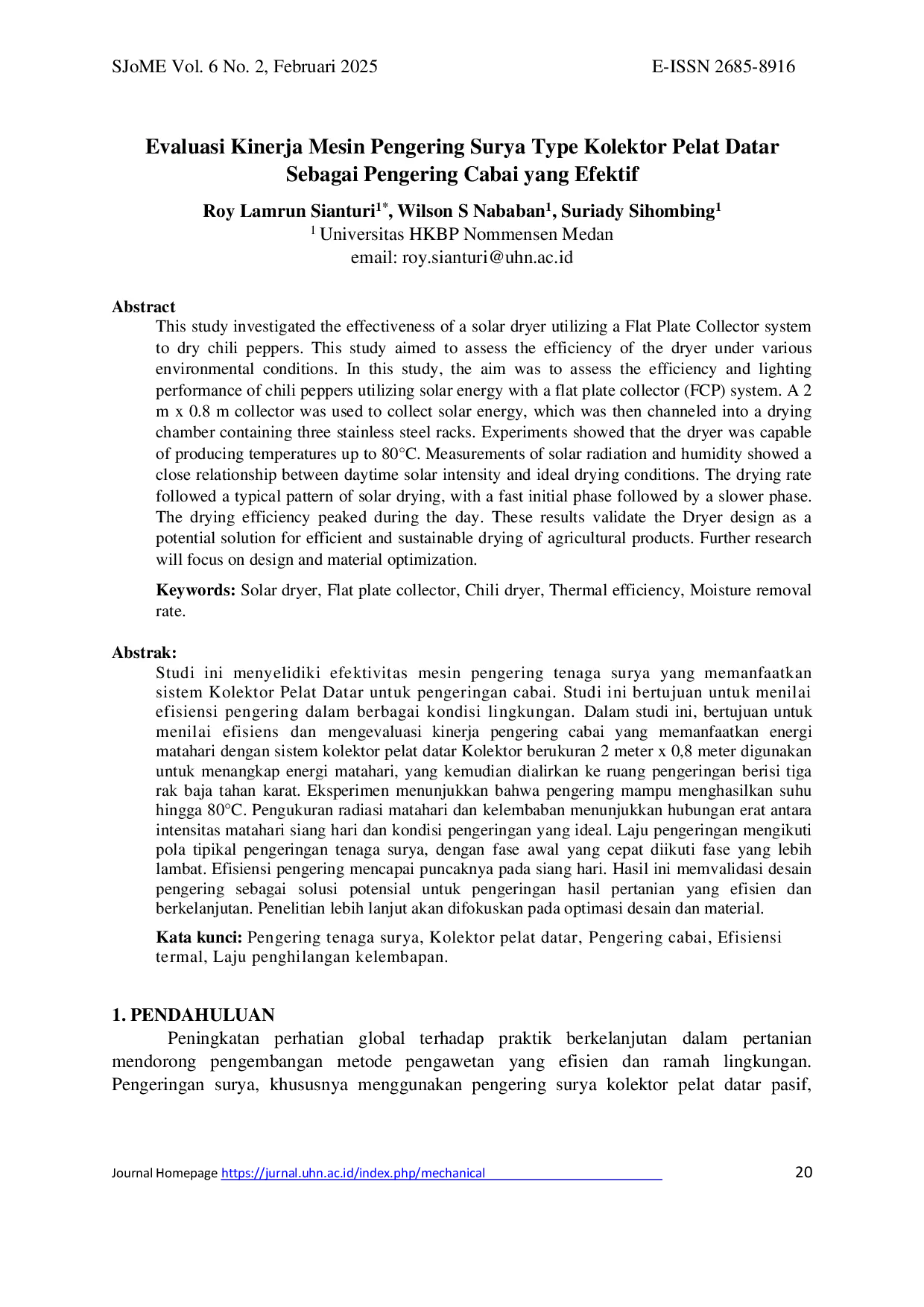 JURIS Evaluasi Kinerja Mesin Pengering Surya Type Kolektor Pelat Datar Sebagai Pengering Cabai yang Efektif