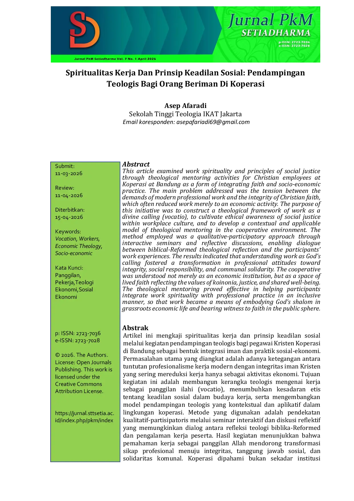 JURIS Spiritualitas Kerja Dan Prinsip Keadilan Sosial Pendampingan Teologis Bagi Orang Beriman Di Koperasi