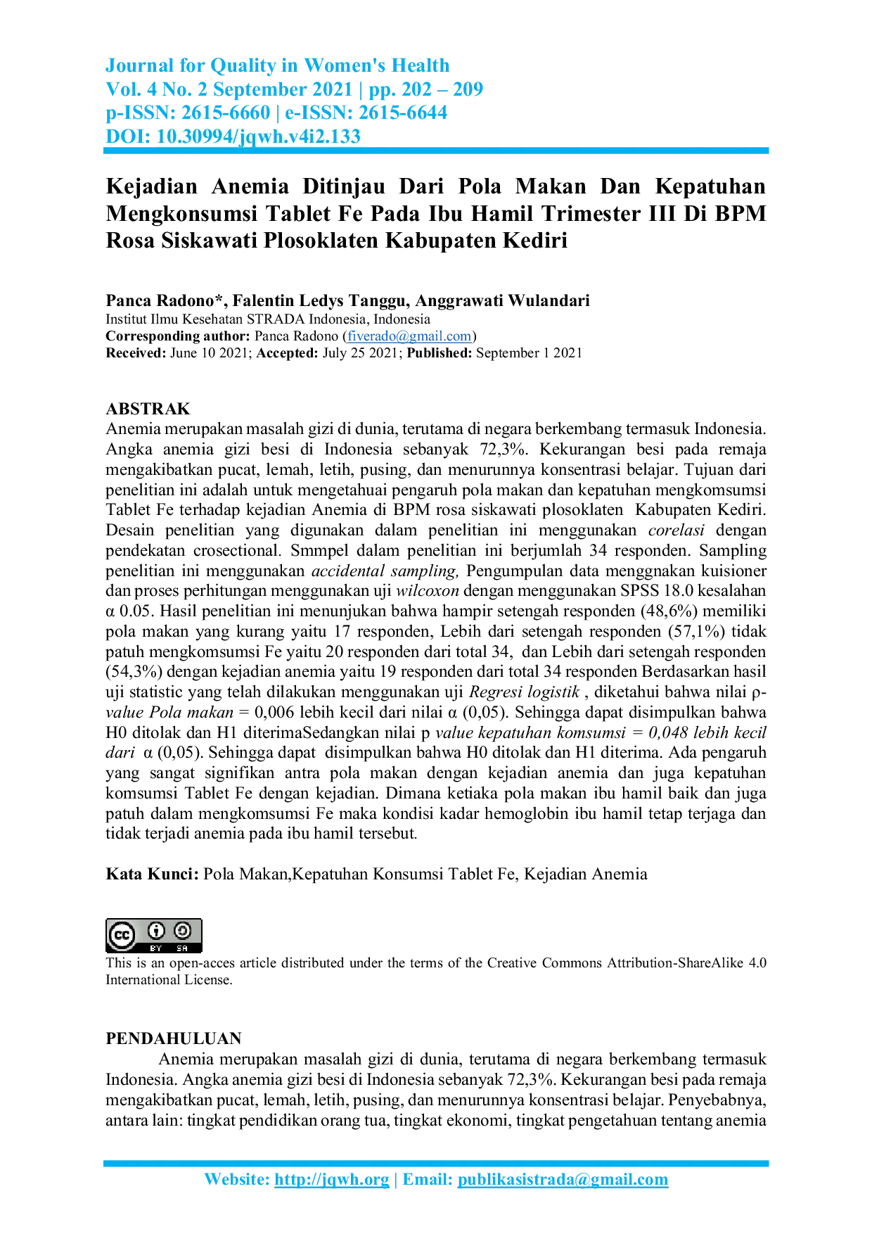 JURIS Kejadian Anemia Ditinjau Dari Pola Makan Dan Kepatuhan Mengkonsumsi Tablet Fe Pada Ibu Hamil Trimester III Di BPM Rosa Siskawati Plosoklaten Kabupaten Kediri