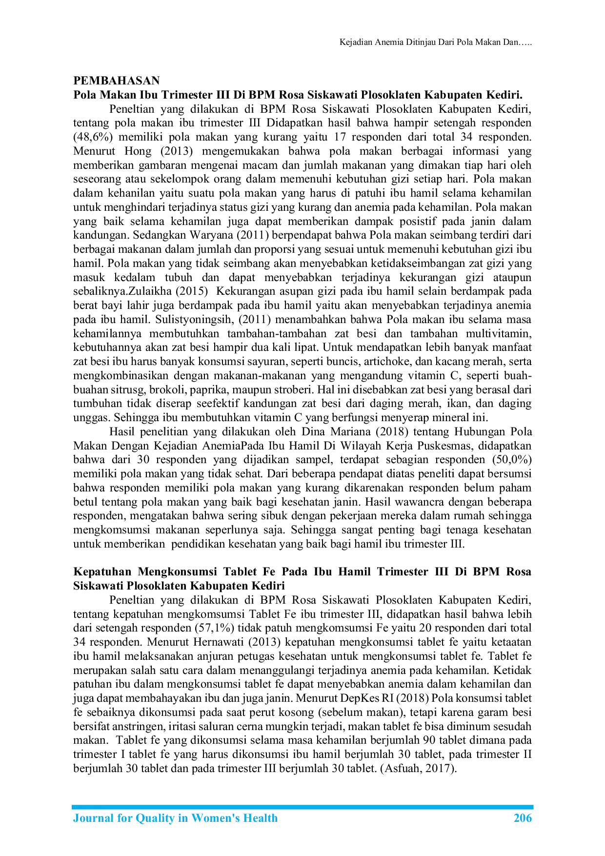 JURIS Kejadian Anemia Ditinjau Dari Pola Makan Dan Kepatuhan Mengkonsumsi Tablet Fe Pada Ibu Hamil Trimester III Di BPM Rosa Siskawati Plosoklaten Kabupaten Kediri