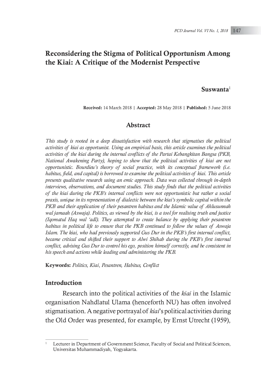 JURIS Reconsidering the Stigma of Political Opportunism Among the Kiai A Critique of the Modernist Perspective