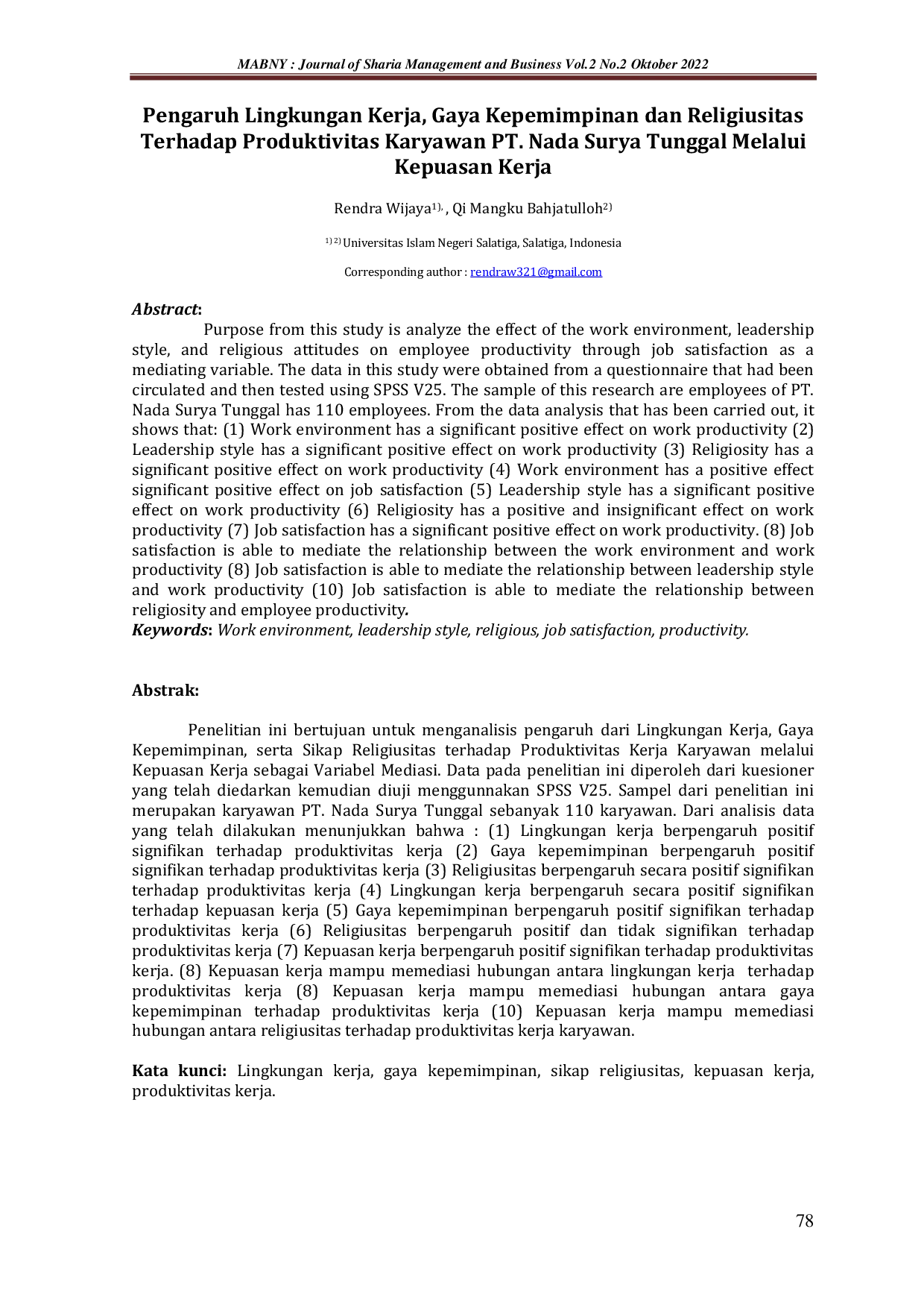 JURIS Pengaruh Lingkungan Kerja Gaya Kepemimpinan dan Religiusitas Terhadap Produktivitas Karyawan PT Nada Surya Tunggal Melalui Kepuasan Kerja