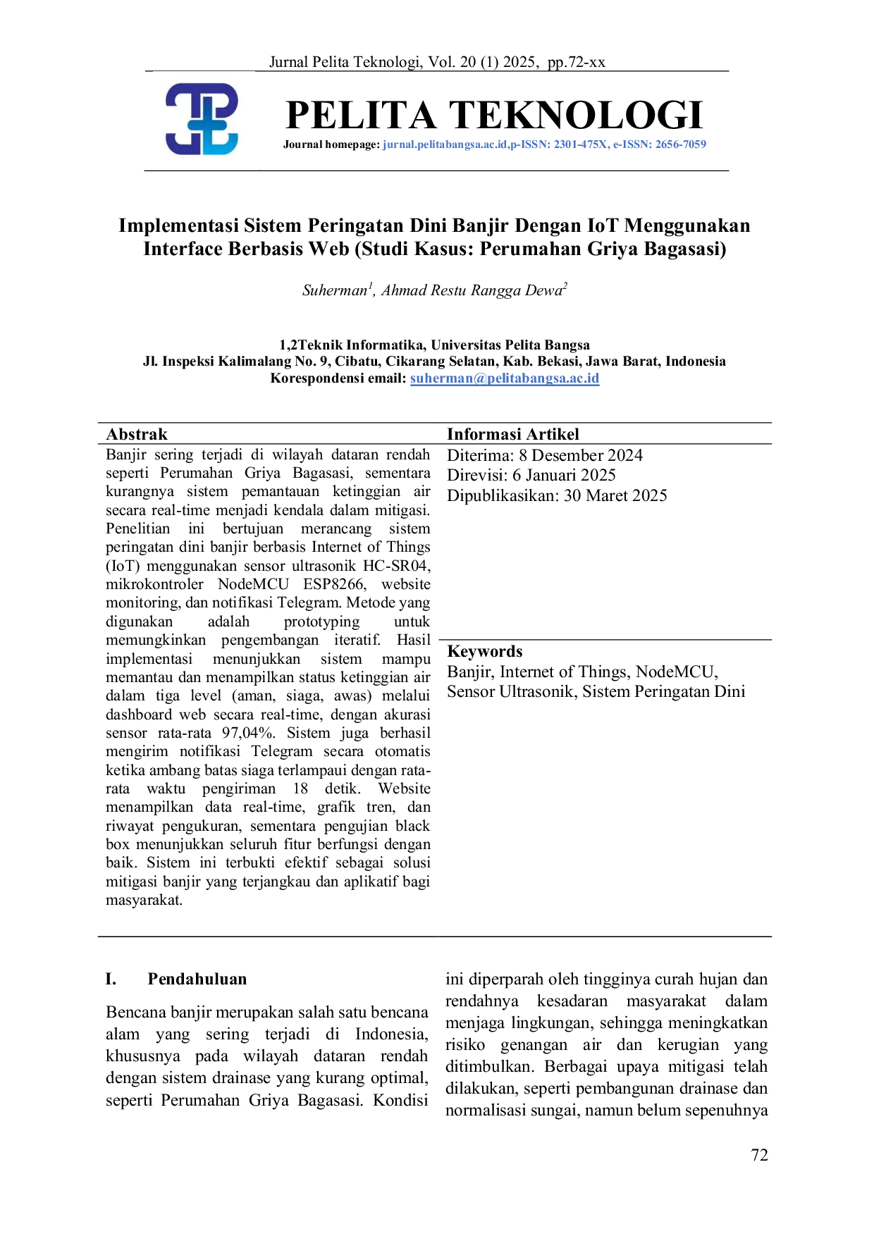 JURIS Implementasi Sistem Peringatan Dini Banjir Dengan IoT Menggunakan Interface Berbasis Web Studi Kasus Perumahan Griya Bagasasi
