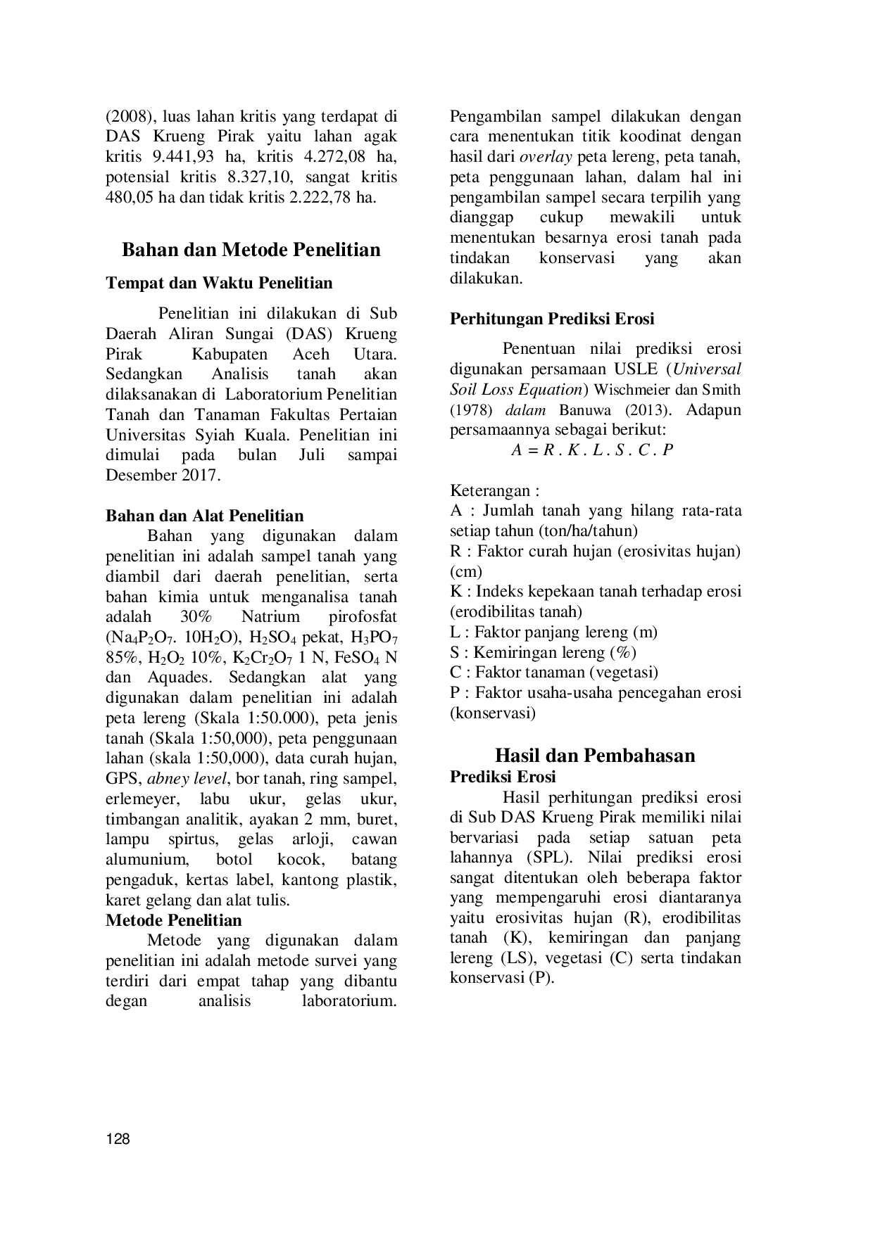 JURIS Kajian Erosi Tanah dan Teknik Konservasi Tanah di Sub DAS Krueng Pirak Kabupaten Aceh Utara