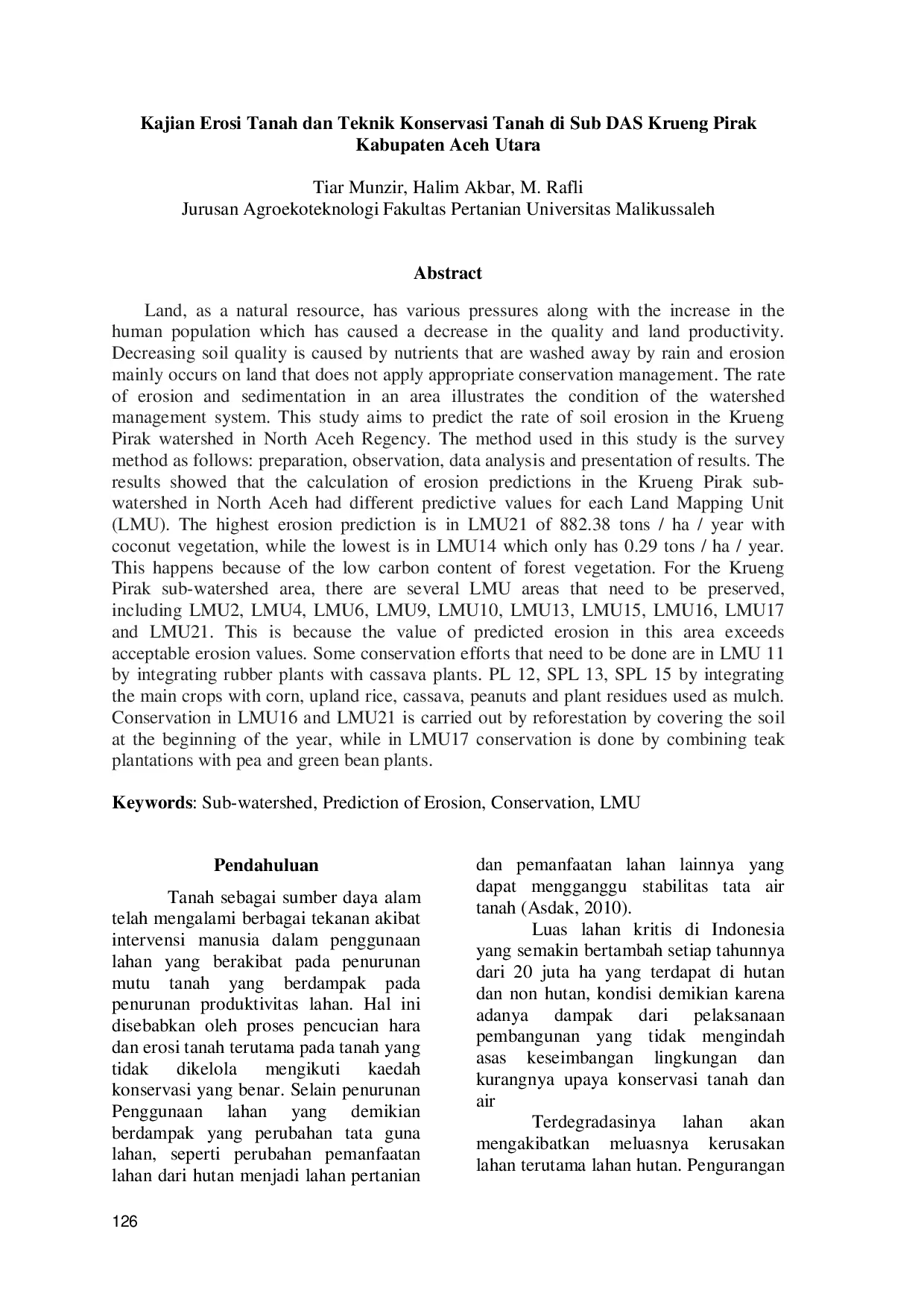 JURIS Kajian Erosi Tanah dan Teknik Konservasi Tanah di Sub DAS Krueng Pirak Kabupaten Aceh Utara
